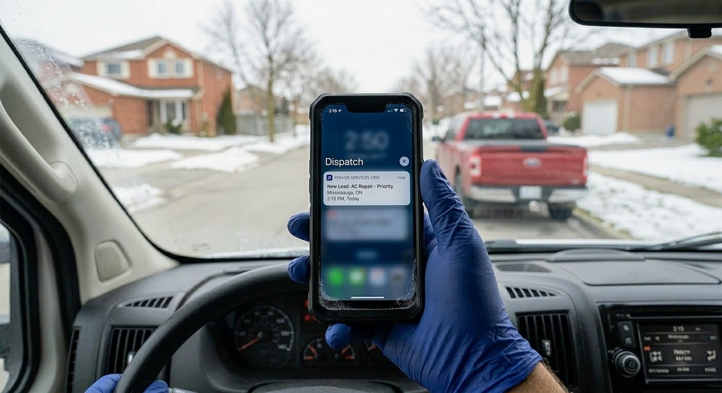 HVAC technician viewing dispatch notification on phone from inside service van