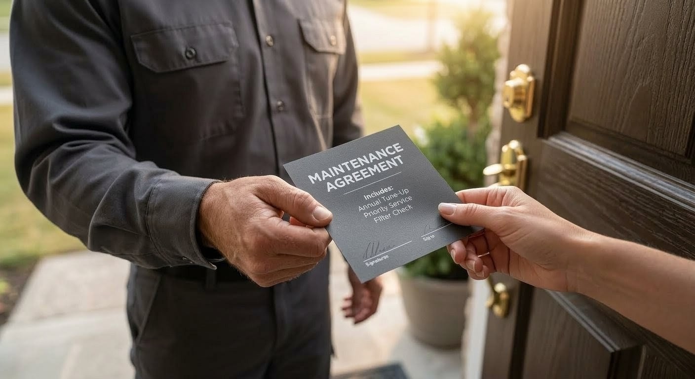 Contractor handing maintenance agreement to homeowner at front door