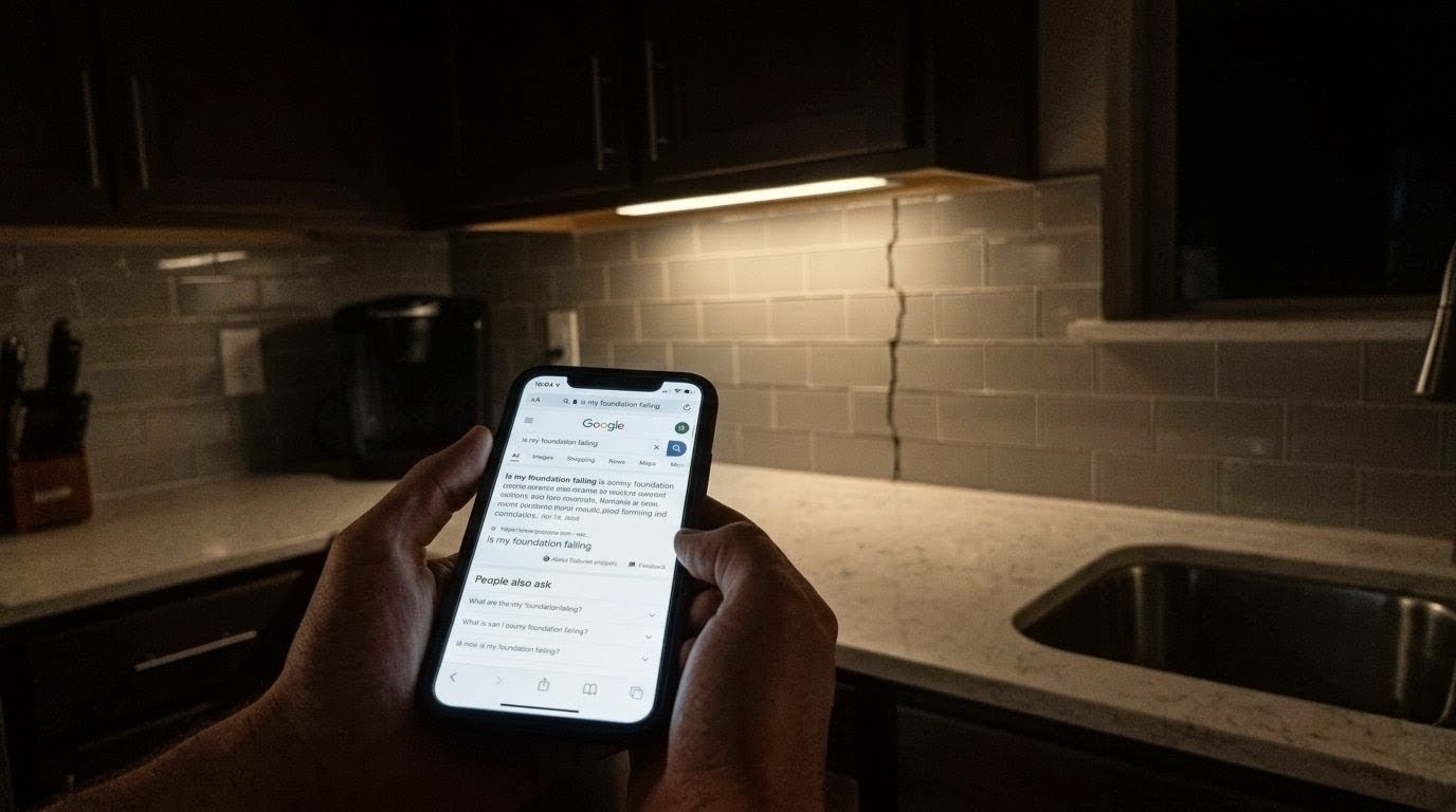 Homeowner searching Google on phone with cracked kitchen backsplash visible in background