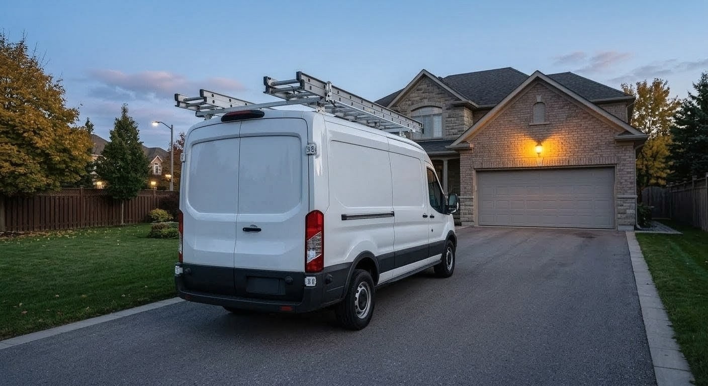 White service van with ladder rack arriving at residential driveway at dusk