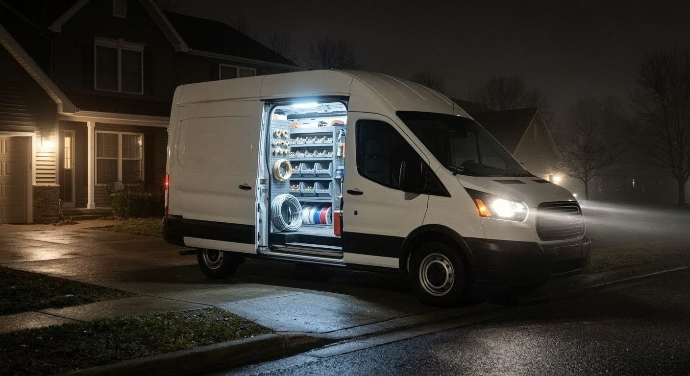 Service van parked at residential home at night with organized tool shelves illuminated