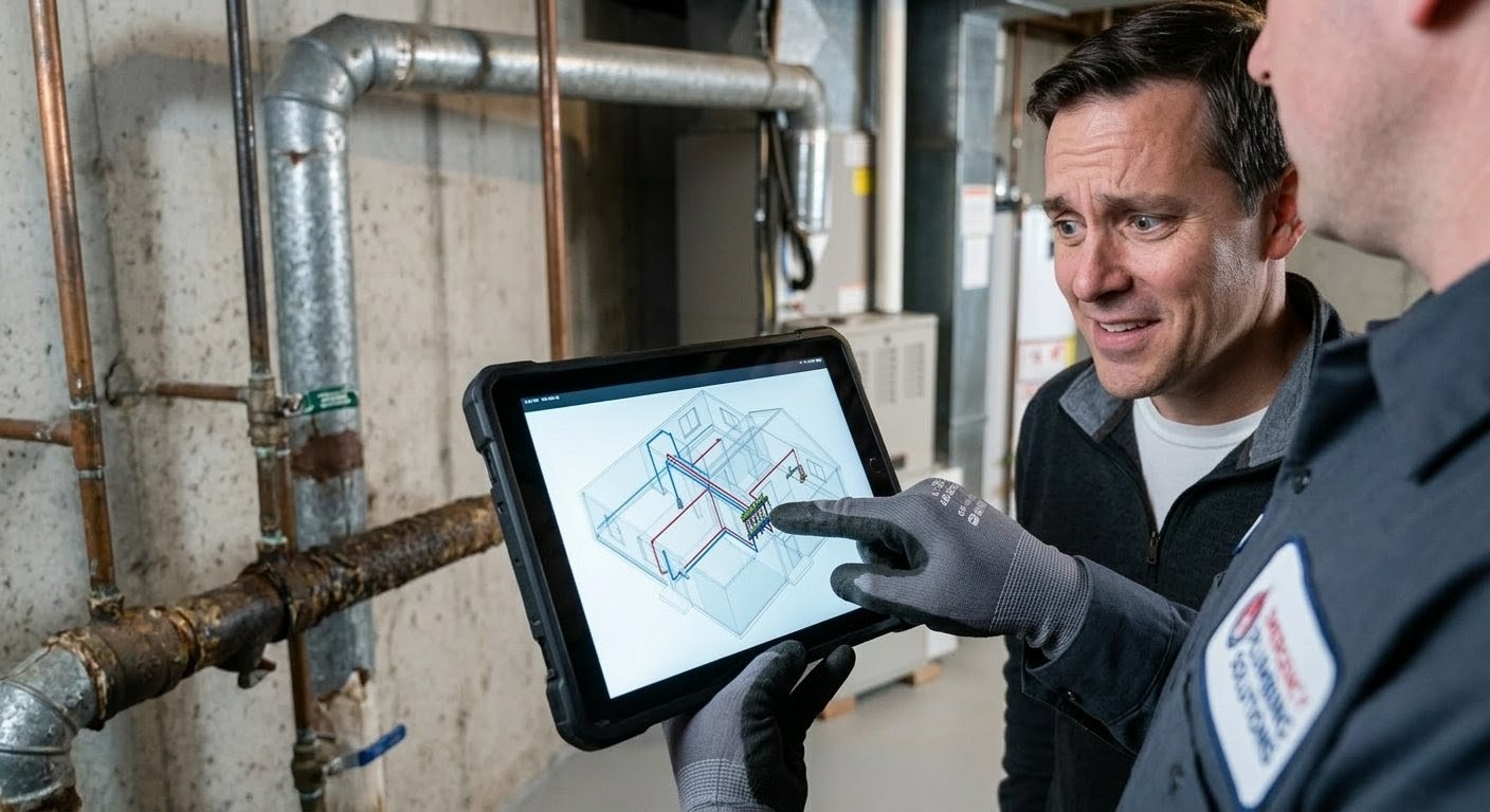 HVAC technician showing 3D system diagram on tablet to colleague in mechanical room