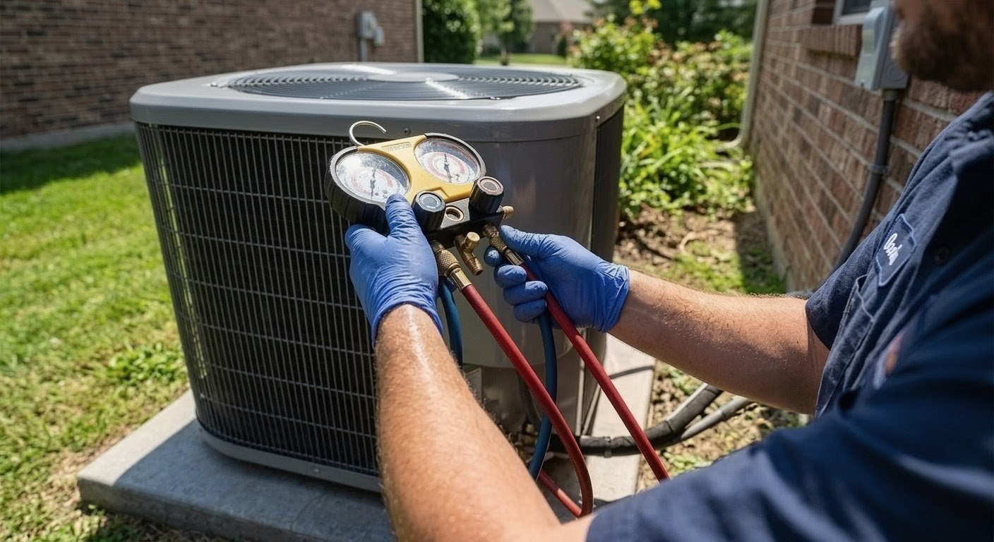 HVAC technician connecting refrigerant gauges to outdoor residential condenser unit