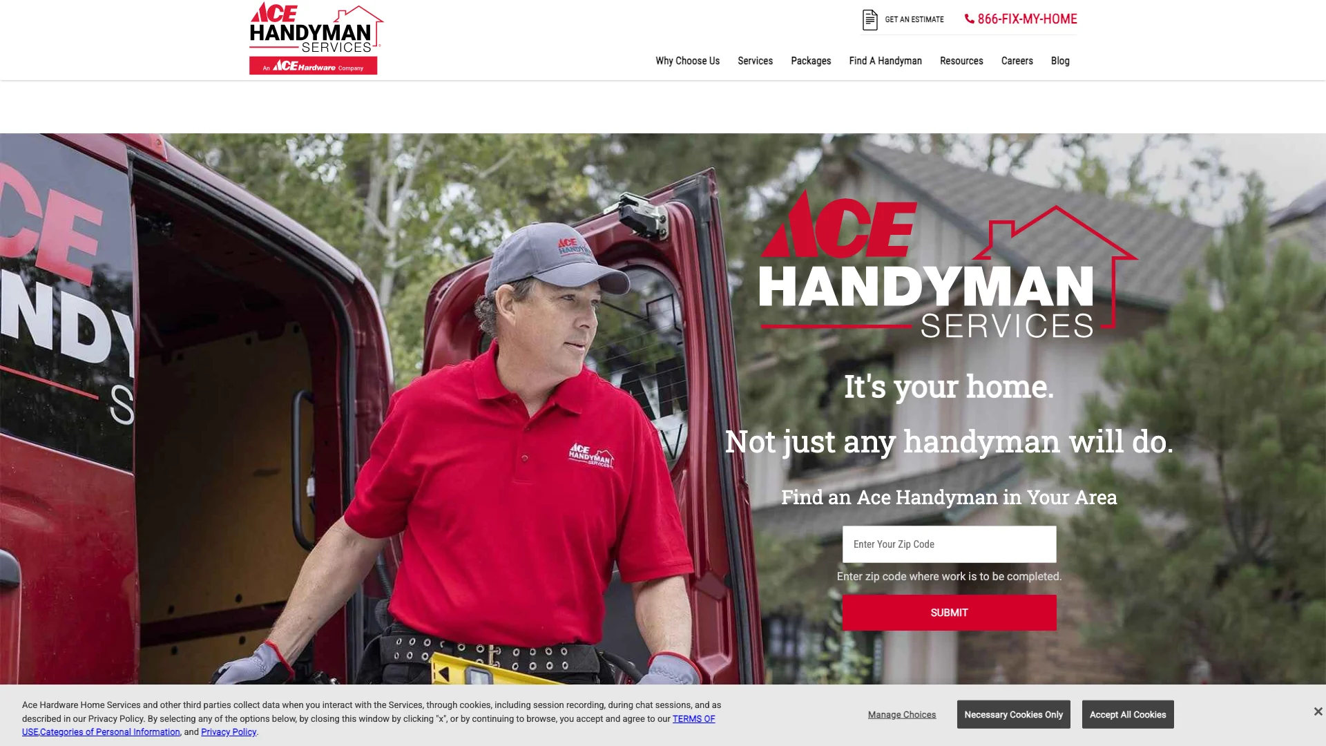 Ace Handyman Services homepage hero showing handyman franchise branding