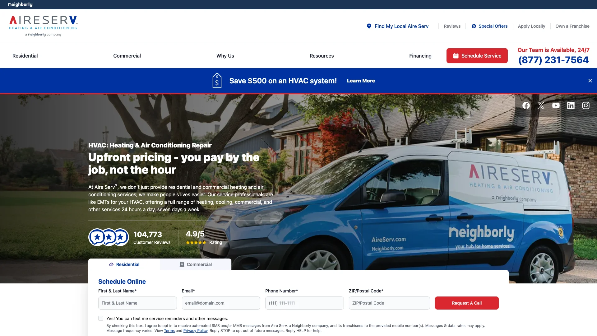 Aire Serv homepage hero showing HVAC franchise branding with residential and commercial service navigation