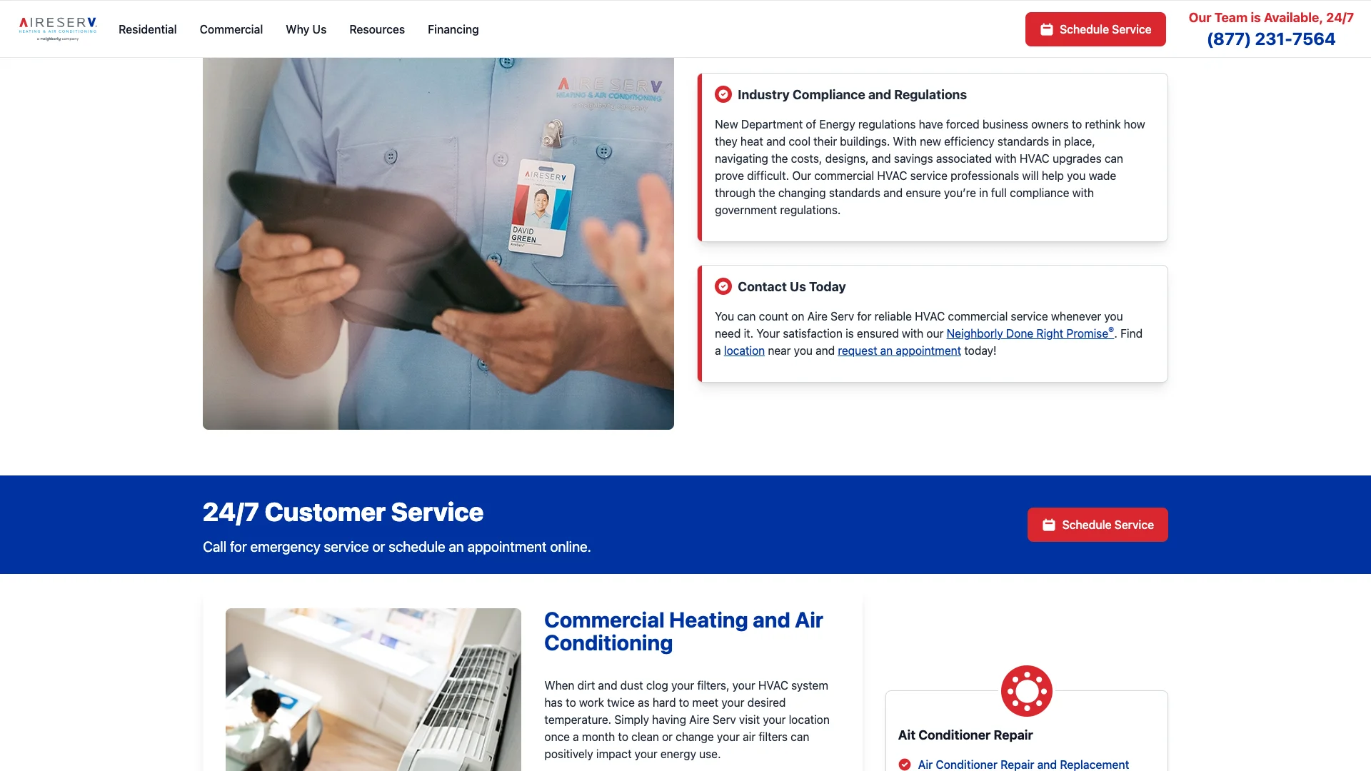 Aire Serv commercial HVAC page area where customer reviews and trust badges should appear, showing the absence of any Google Reviews widget, BBB accreditation badge, or third-party trust certification on the page
