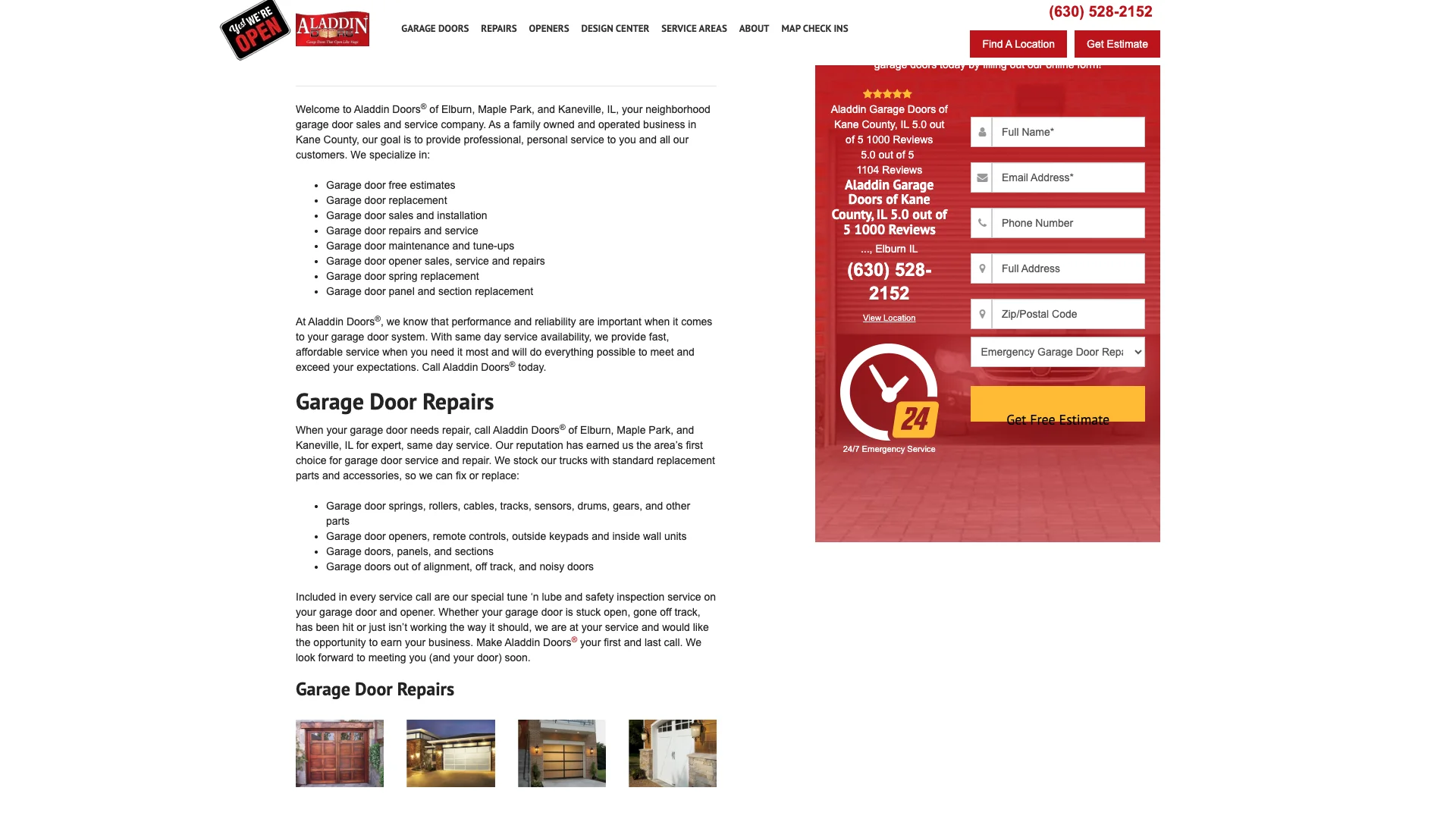 Aladdin Doors dealer page content section showing the detailed garage door service descriptions with word count depth and the structured page layout