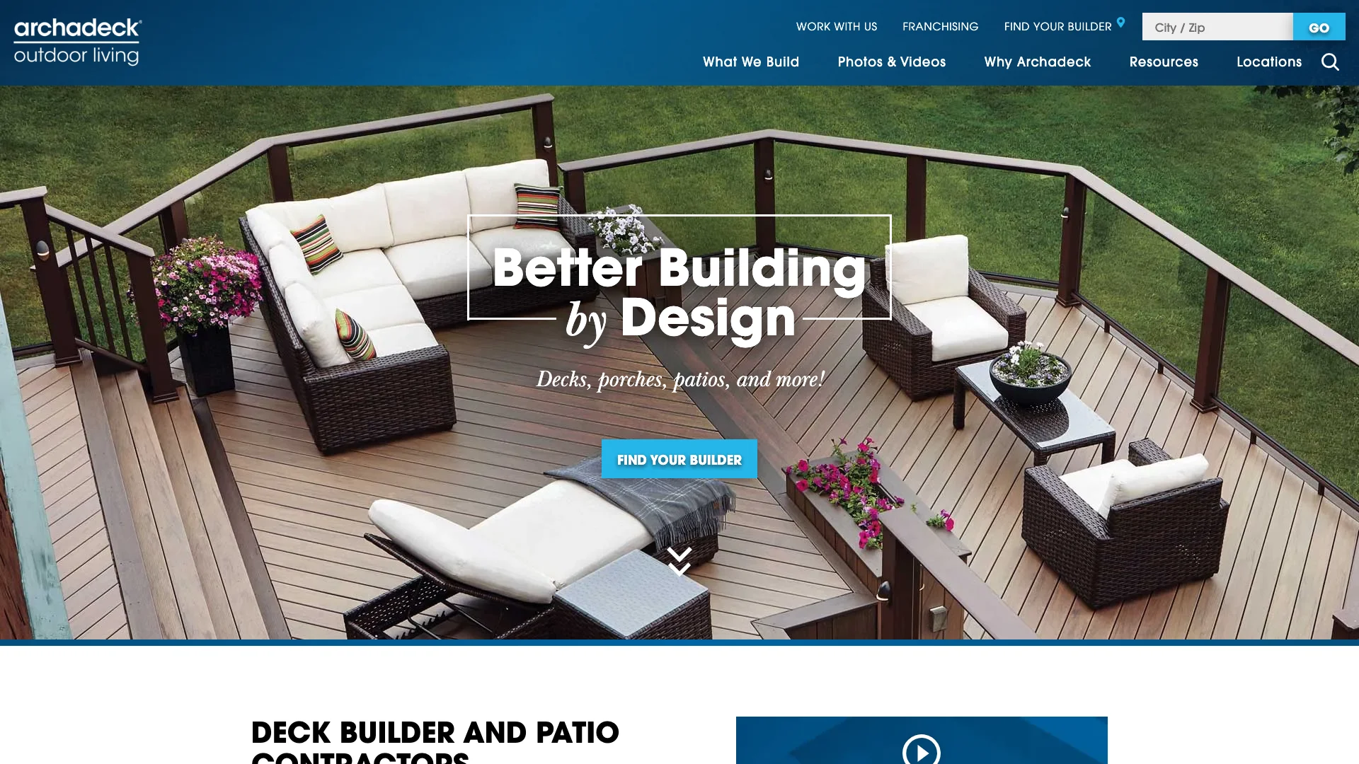 Archadeck Outdoor Living homepage hero showing deck and outdoor living franchise branding