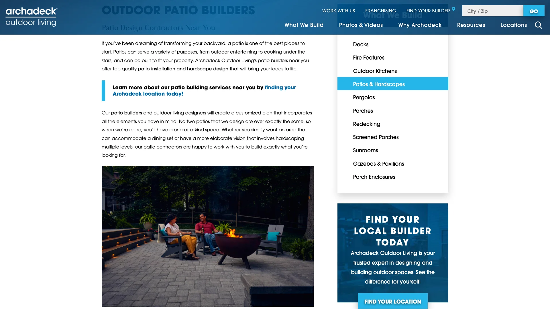 Archadeck patios and hardscapes page showing the contrast between the outdoor living content and the layout shift issues that cause content to jump around during page load