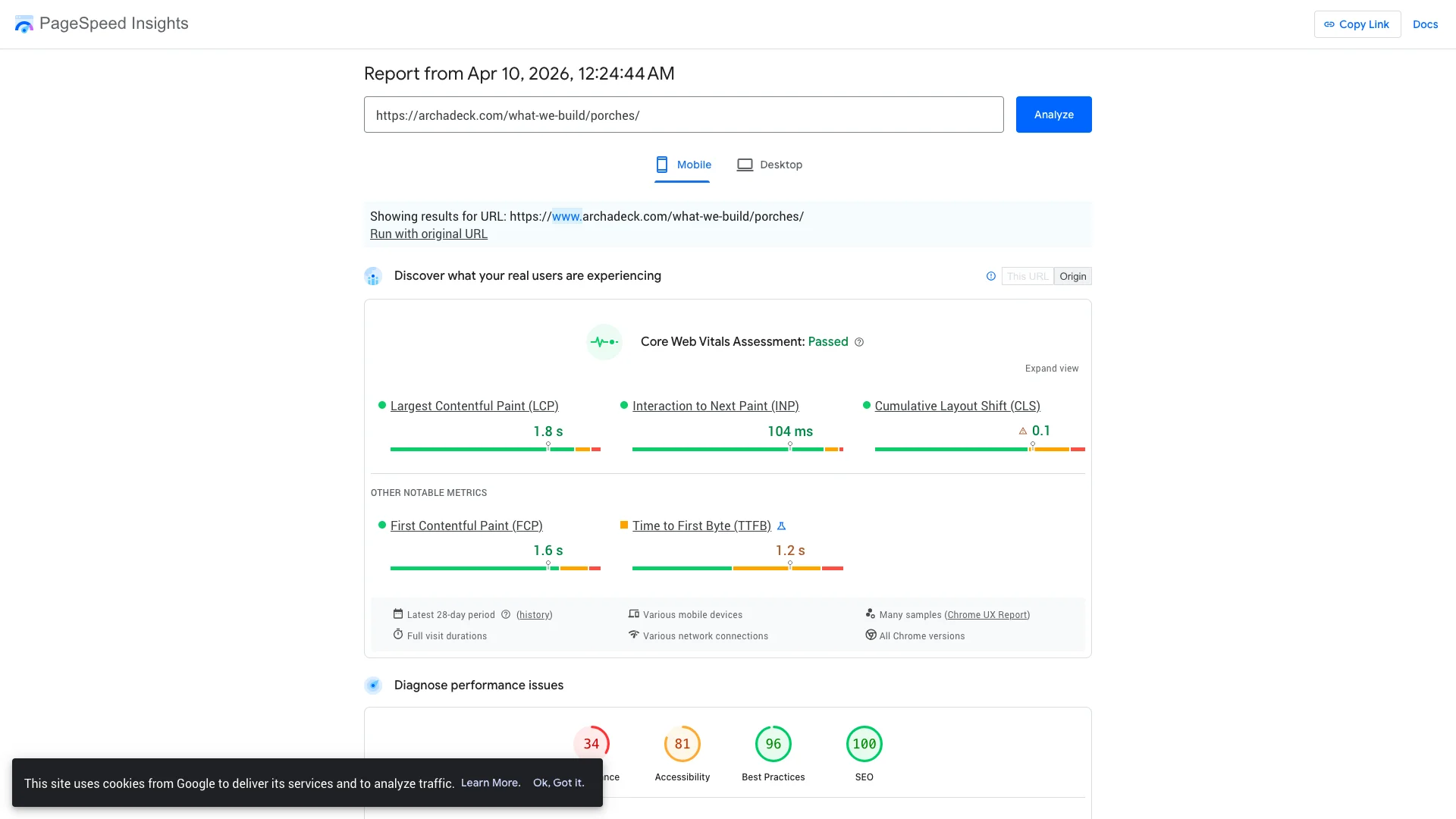Google PageSpeed Insights Lighthouse lab results for the Archadeck porches page on mobile showing a score of 21 out of 100