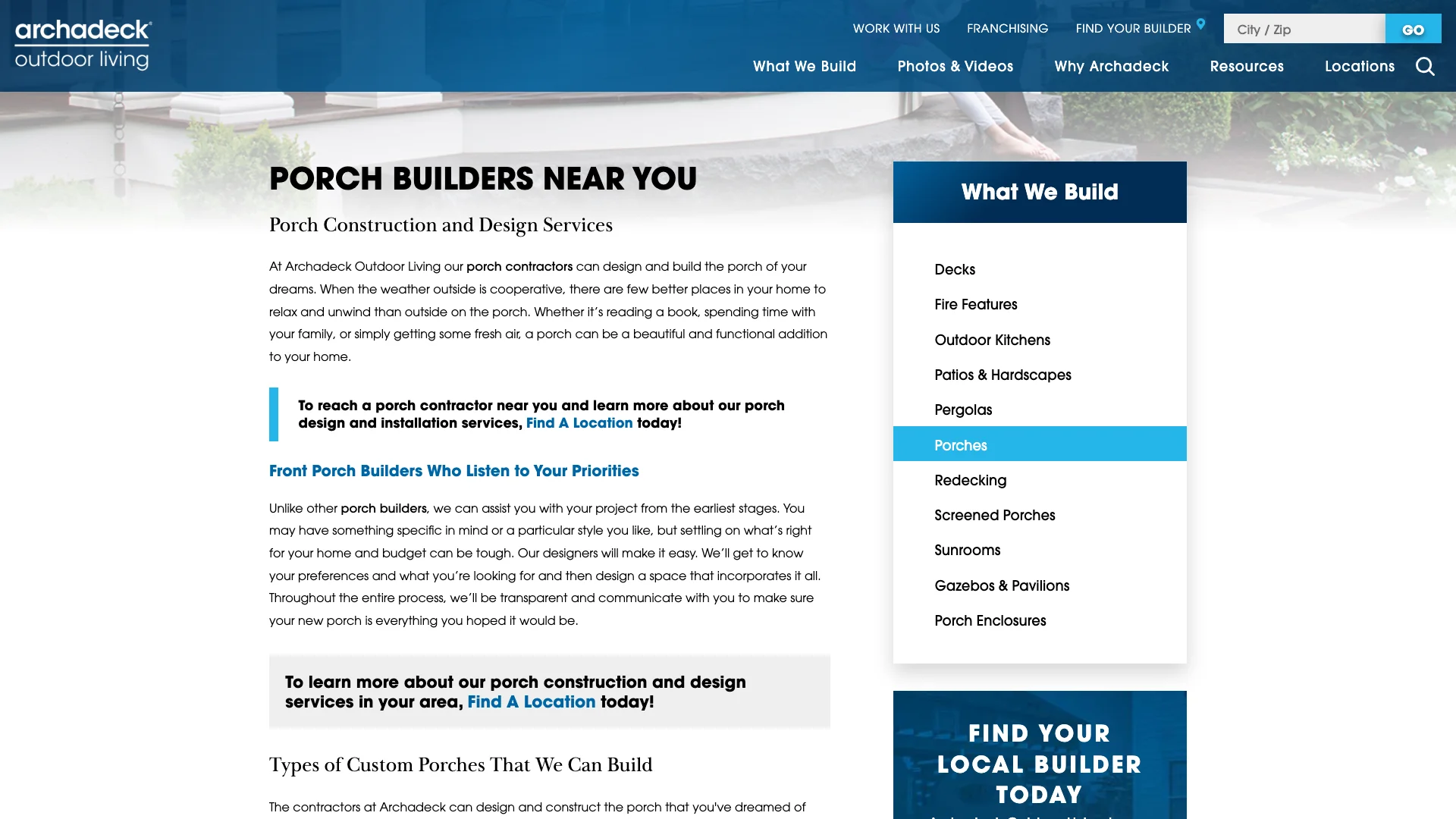 Archadeck porches page showing outdoor living content, photo galleries, and franchise navigation with no Google Reviews or trust badge elements visible