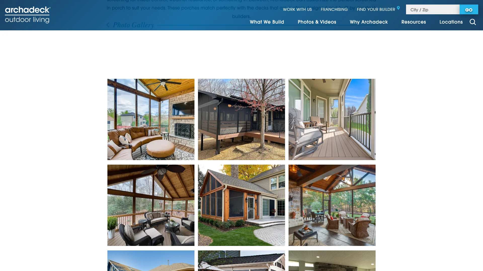 Archadeck screened porches photo gallery showing the visual project gallery layout that drives organic traffic through image search and outdoor living keywords