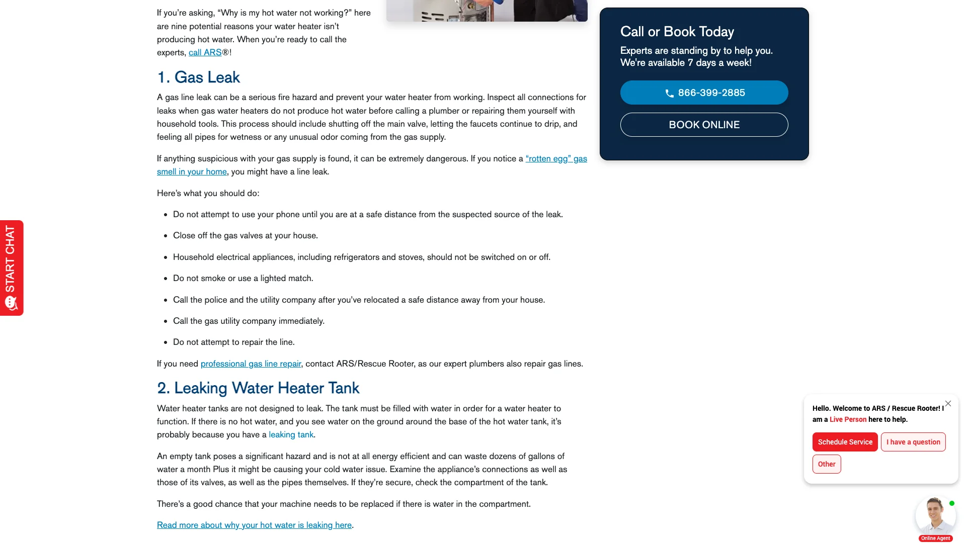 ARS Rescue Rooter no-hot-water blog page scrolled to the body content showing the article text and CTA buttons but no contact form anywhere on the page, with the only conversion paths being the phone number and chat widget