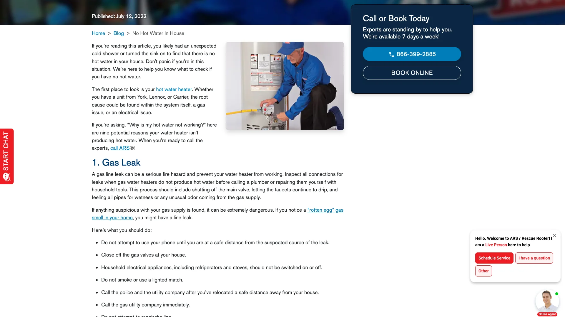 ARS Rescue Rooter no-hot-water blog page showing the article opening with detailed troubleshooting content, the chat widget visible in the corner, and the (866) 399-2885 phone number prominently displayed in the navigation header