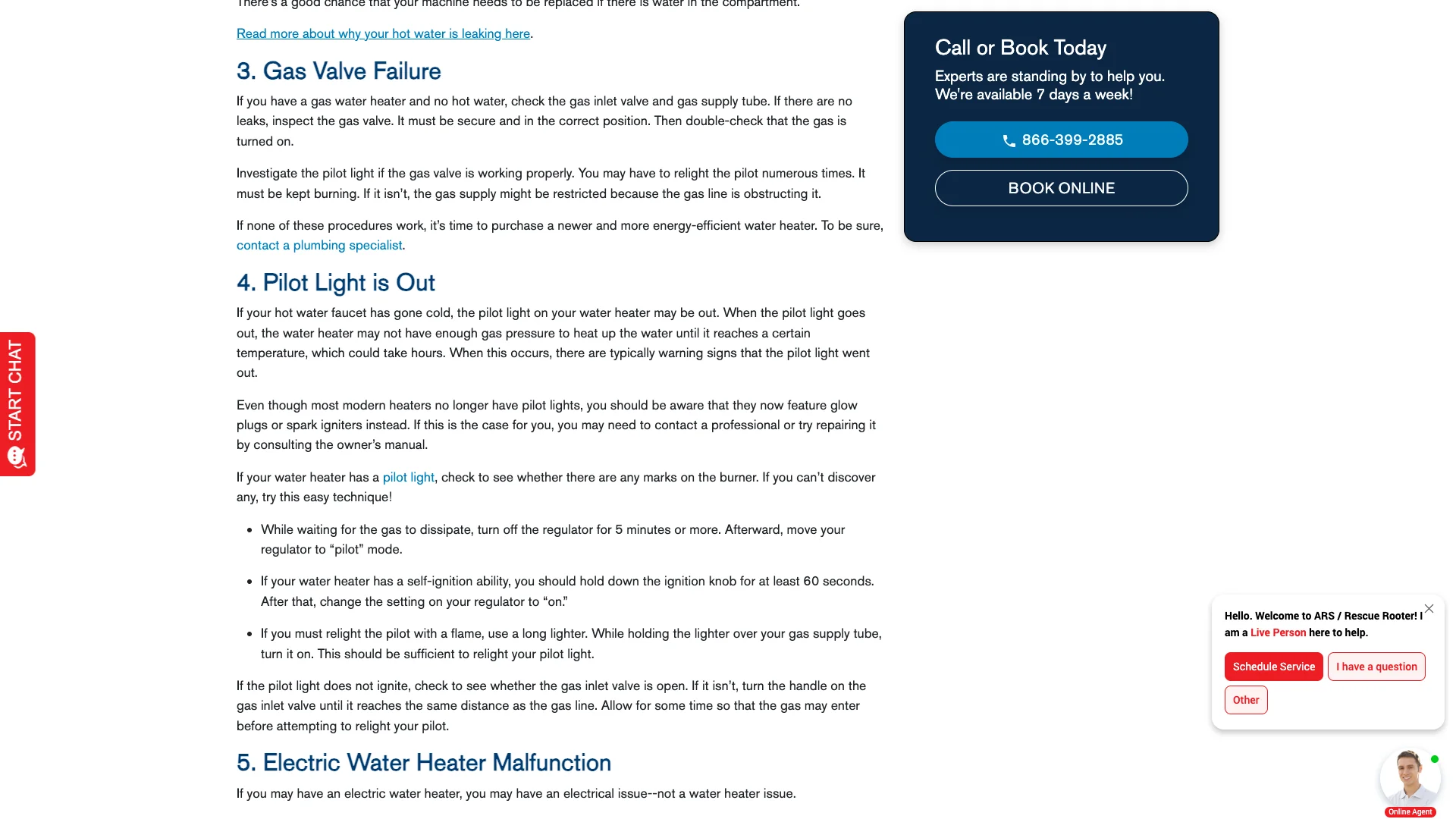 ARS Rescue Rooter blog page trust signal area showing trust badges visible but no Google Reviews widget, no star rating, no review count display, and no BBB accreditation badge despite the franchise carrying a 134039 review count in metadata