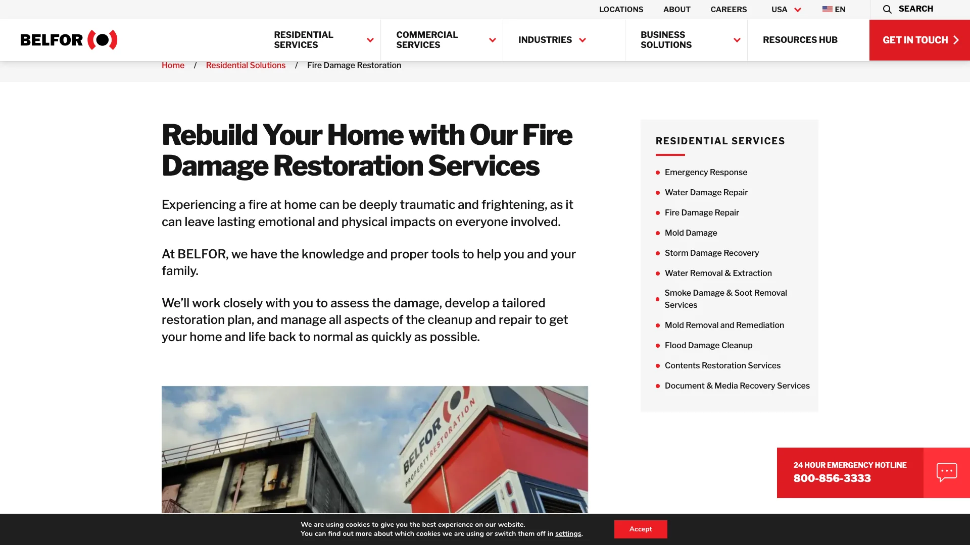 BELFOR water damage restoration service page showing the content layout, emergency service information, and multiple contact forms for homeowner lead capture