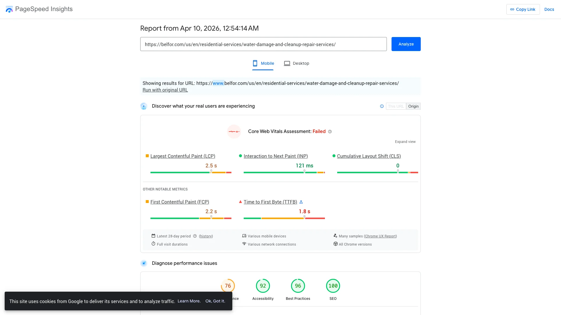 Google PageSpeed Insights Lighthouse lab results for BELFOR mold removal page on mobile showing a score of 66 out of 100