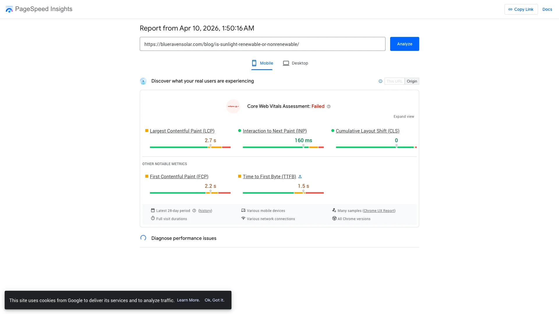 Google PageSpeed Insights mobile lab results for Blue Raven Solar Denver location page showing a performance score of 31 out of 100