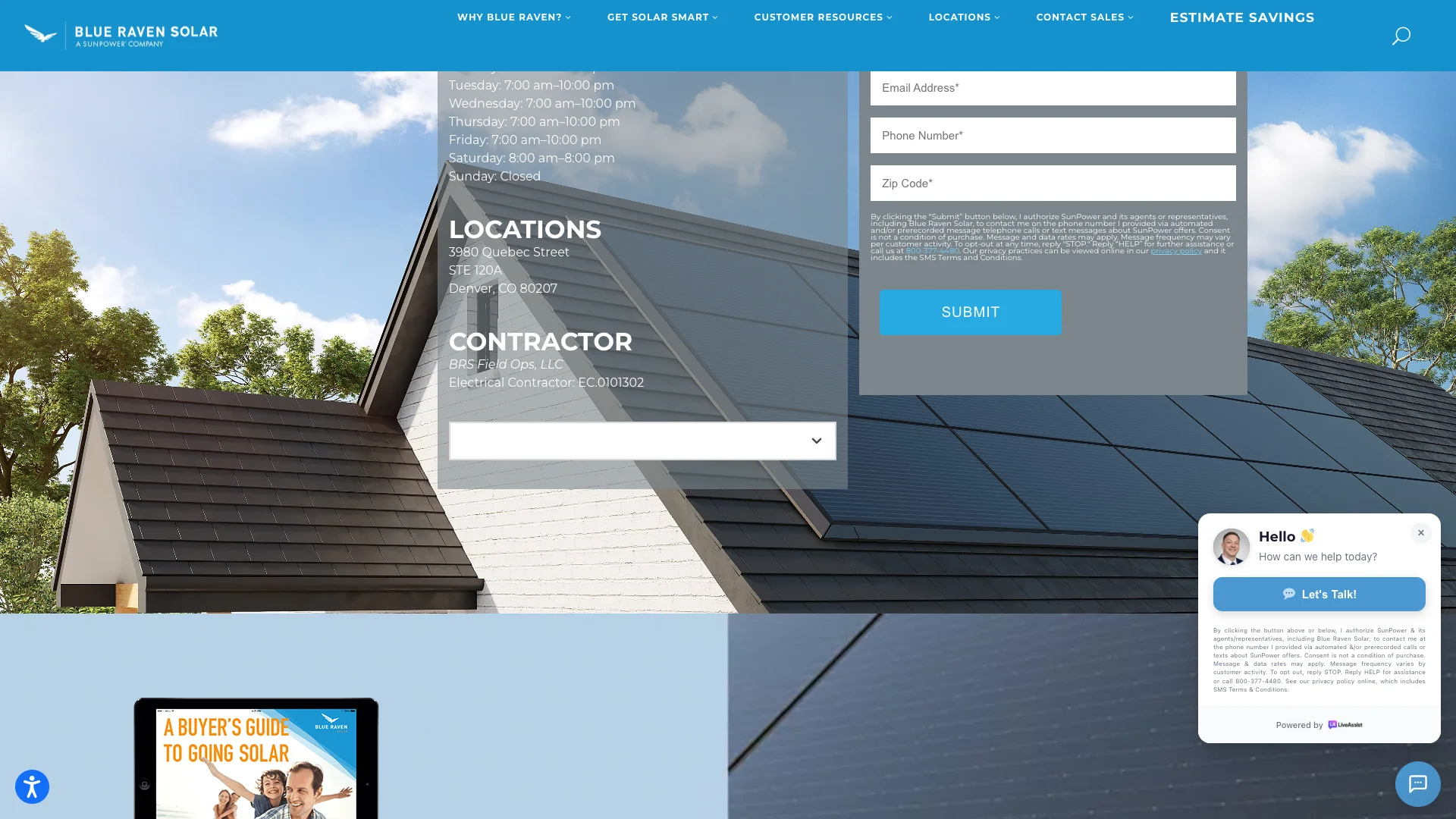 Blue Raven Solar location page showing Google Reviews widget with star ratings and customer testimonials alongside trust badges for certifications and industry affiliations