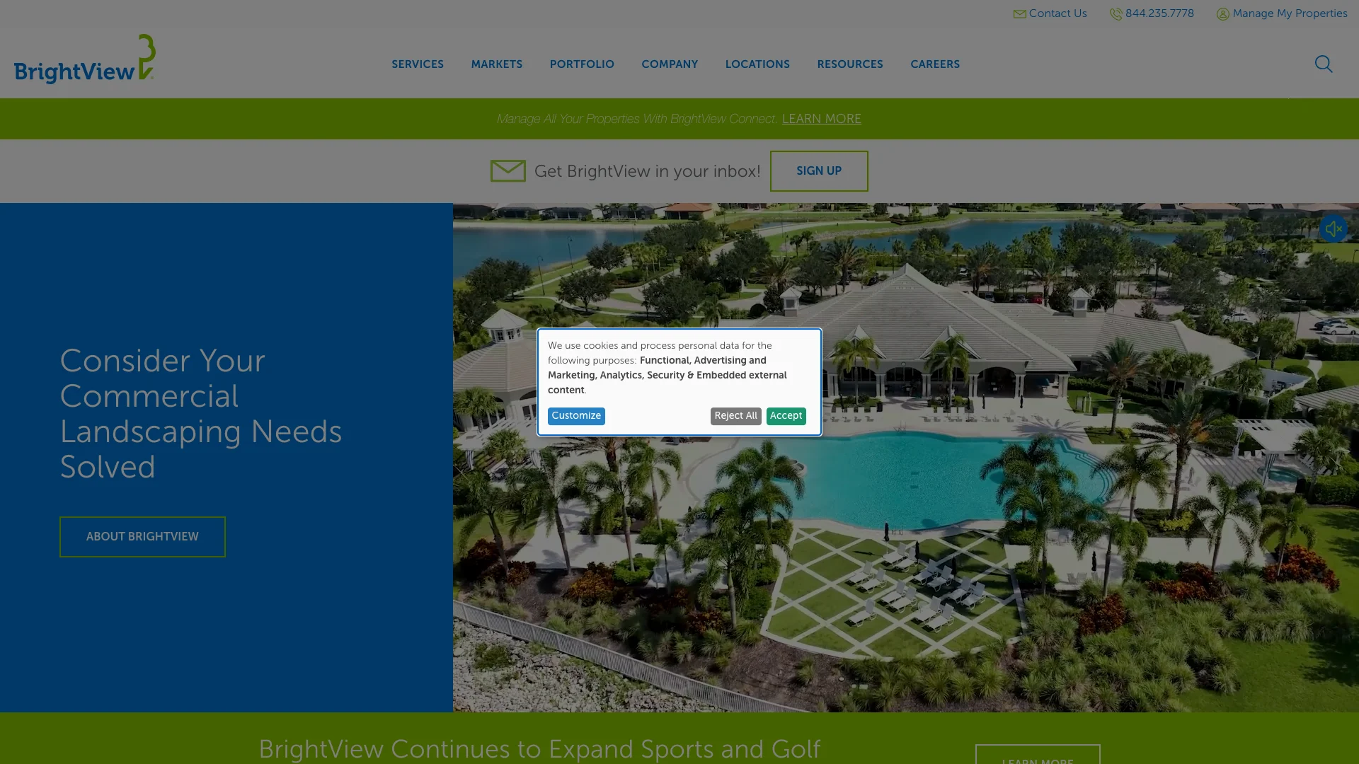 BrightView homepage hero showing commercial landscaping service branding