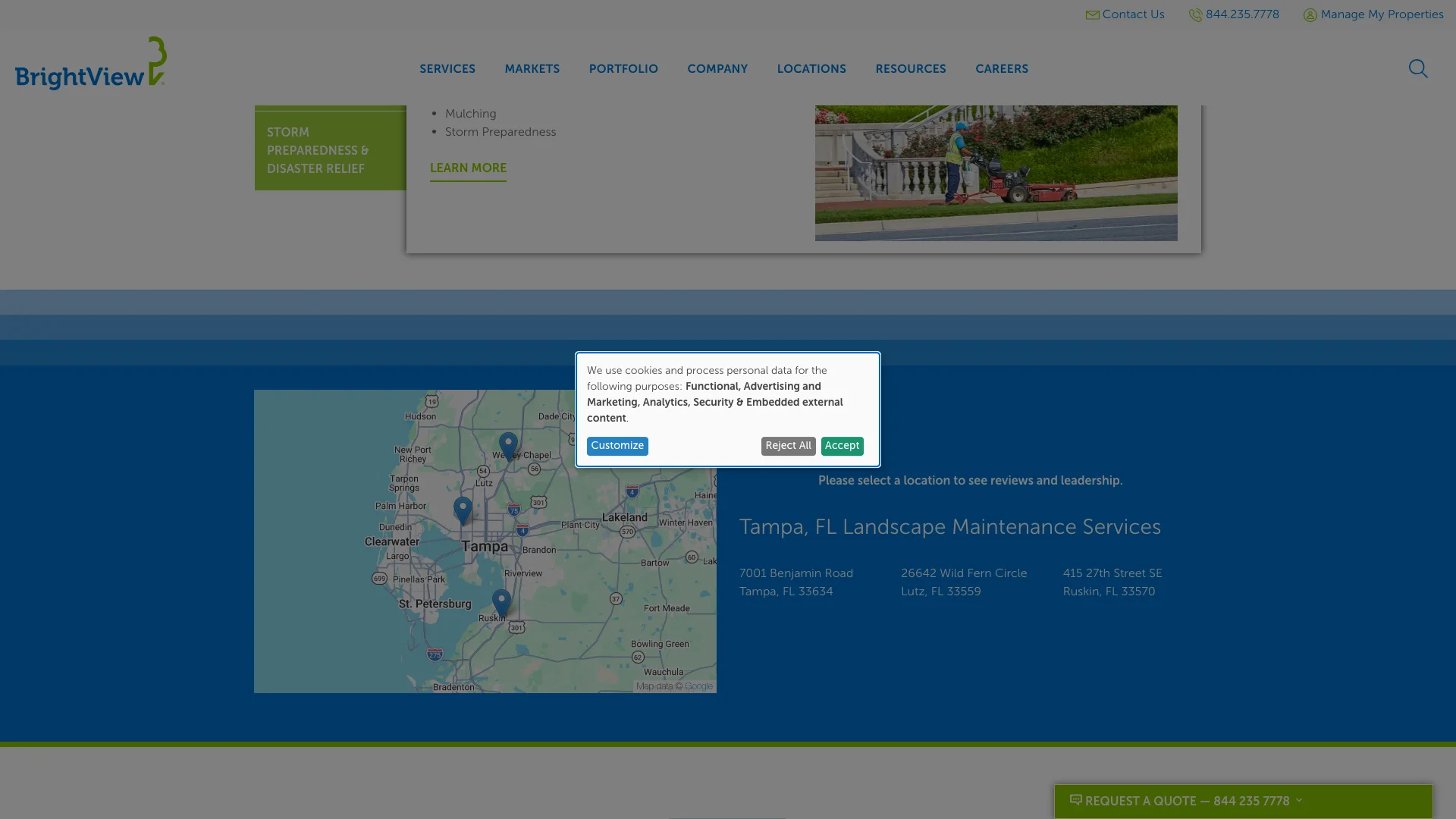 BrightView Tampa FL location page showing the Google Reviews widget with ratings and customer feedback rendered alongside the local market content
