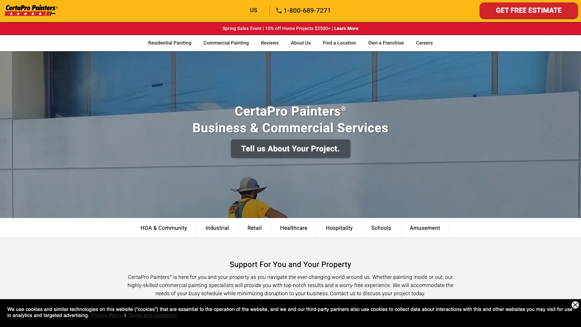 CertaPro Painters website showing the lead capture form area with radio button groups for property type selection, lead qualification options, and text input fields for contact information