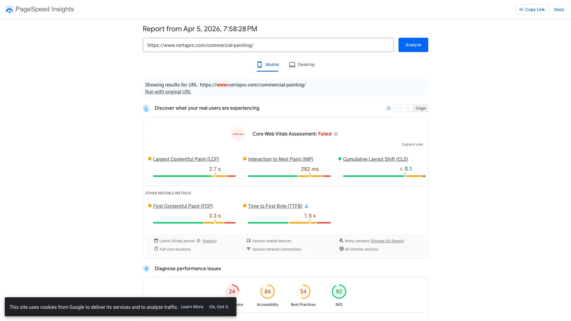 Google PageSpeed Insights Lighthouse lab results for certapro.com/commercial-painting/ showing a performance score of approximately 24 out of 100 on mobile, with LCP of 17.9 seconds