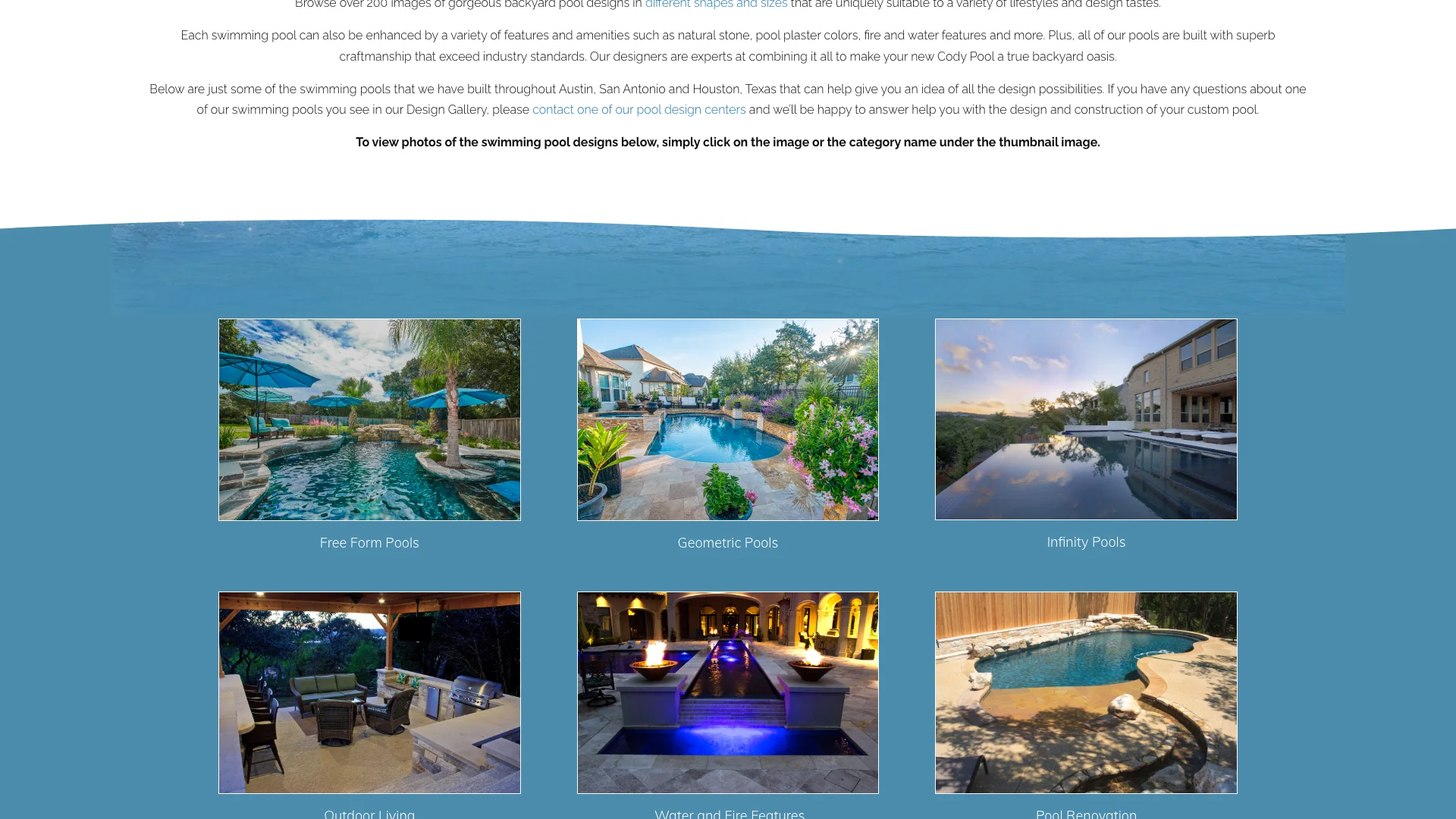 Cody Pools swimming pool designs page showing the gallery of pool projects with no visible contact form or quote request form on the page