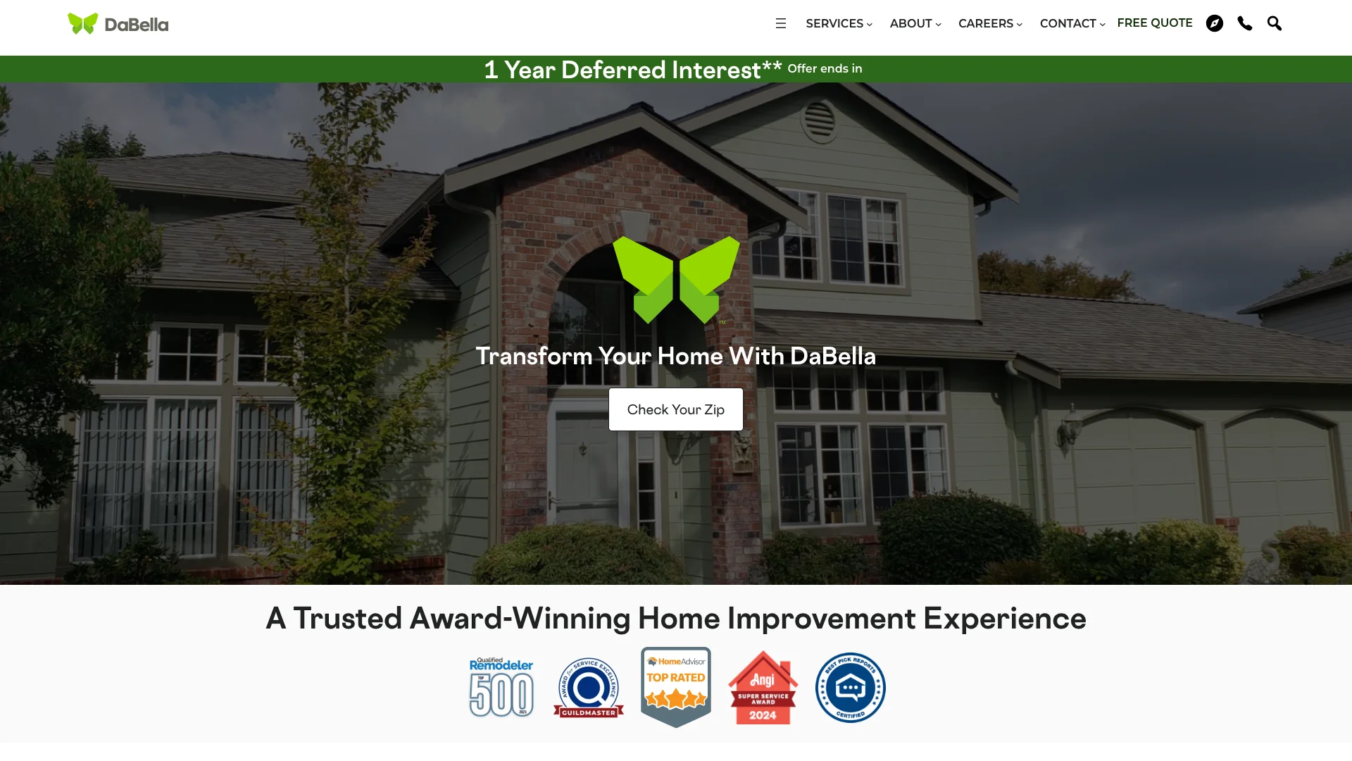 DaBella homepage hero showing roofing and siding service branding