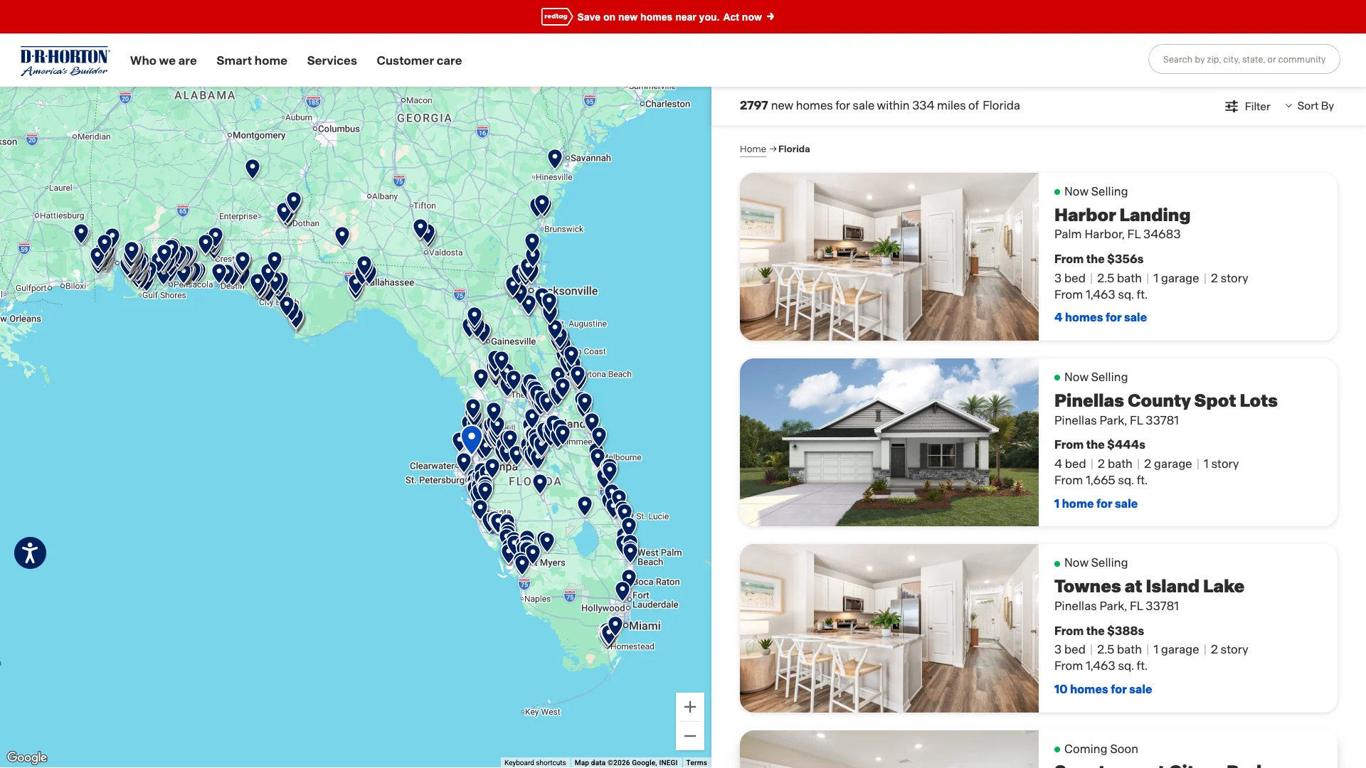 D.R. Horton Florida state page showing community listings, state-level navigation, and the hidden lead qualification form structure