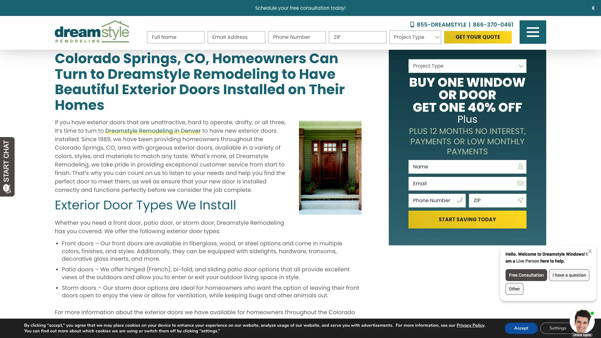 Dreamstyle Remodeling location page showing the lead capture forms and content without any visible Google Reviews, trust badges, or social proof elements