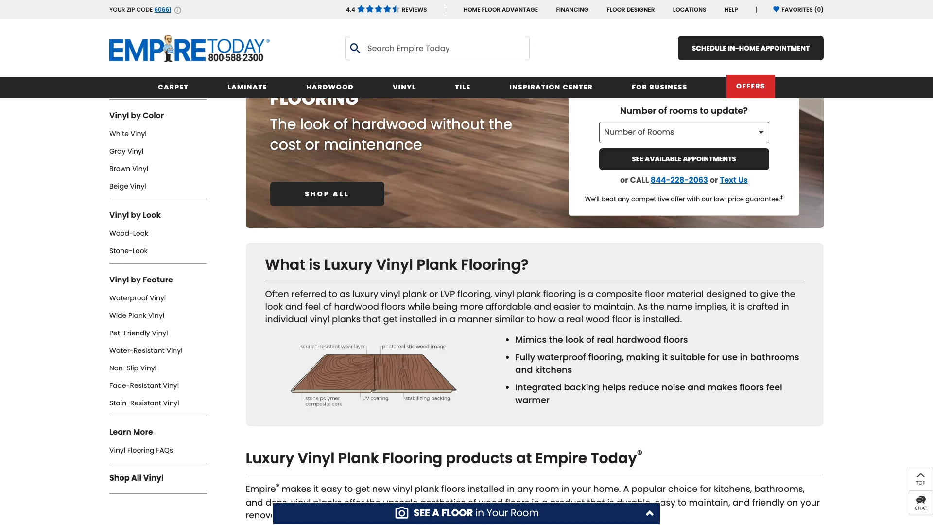 Empire Today vinyl plank flooring page showing the same fragmented layout pattern — multiple phone numbers without explanation, no Google Reviews widget, and the CLS-causing layout shifts visible across all product pages