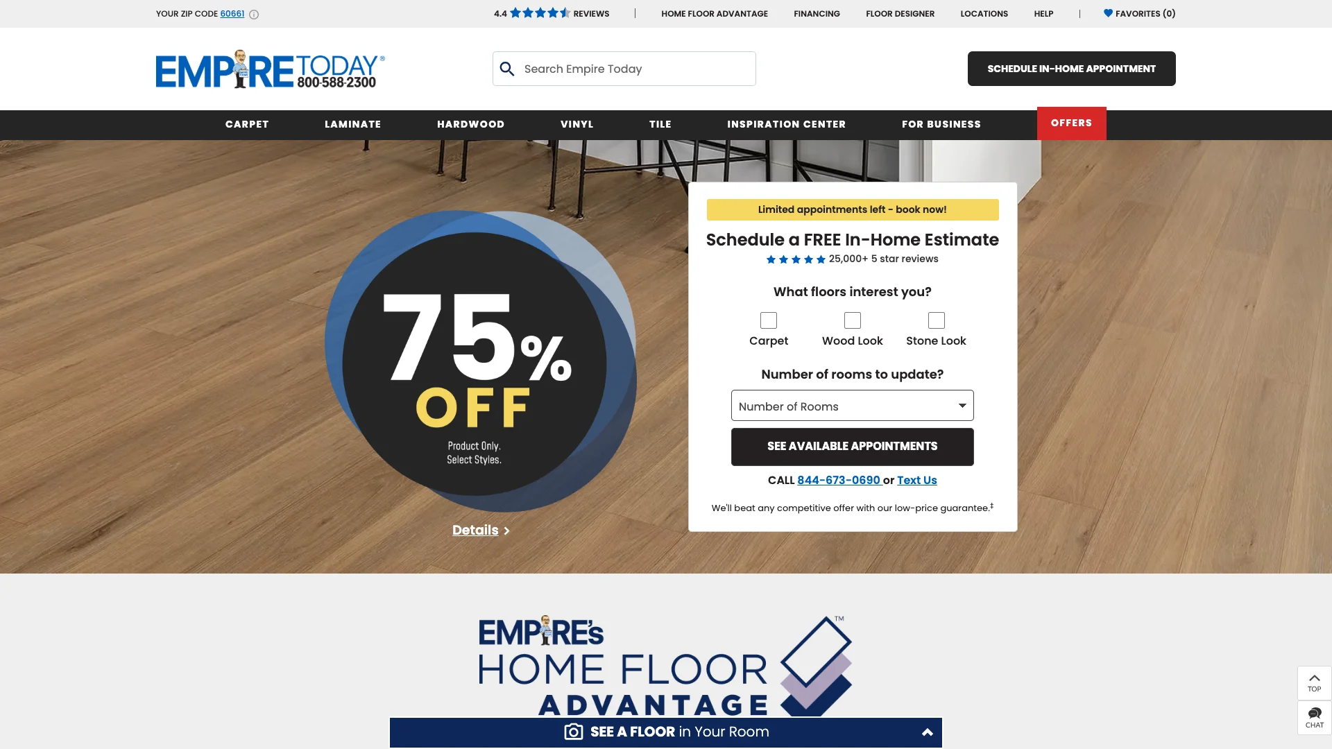 Empire Today homepage hero showing flooring retailer branding