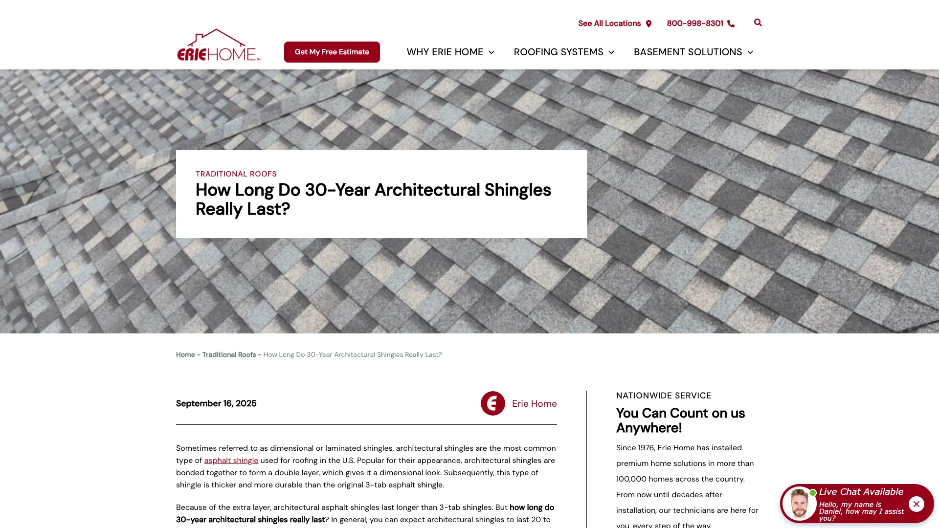 Erie Home blog post titled 'How Long Do 30-Year Architectural Shingles Really Last?' showing article content with detailed information about shingle lifespan, factors affecting durability, and professional roofing advice