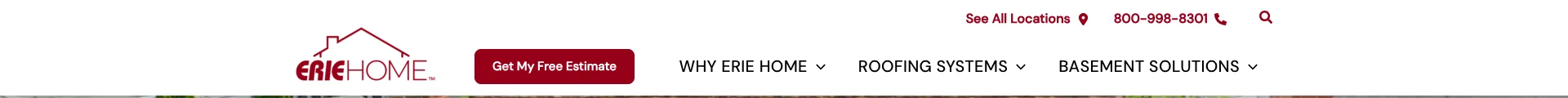 Erie Home navigation bar showing company logo, Roofing, Windows, Siding, and Gutters links, phone number 800-998-8301, and Get My Free Estimate CTA button