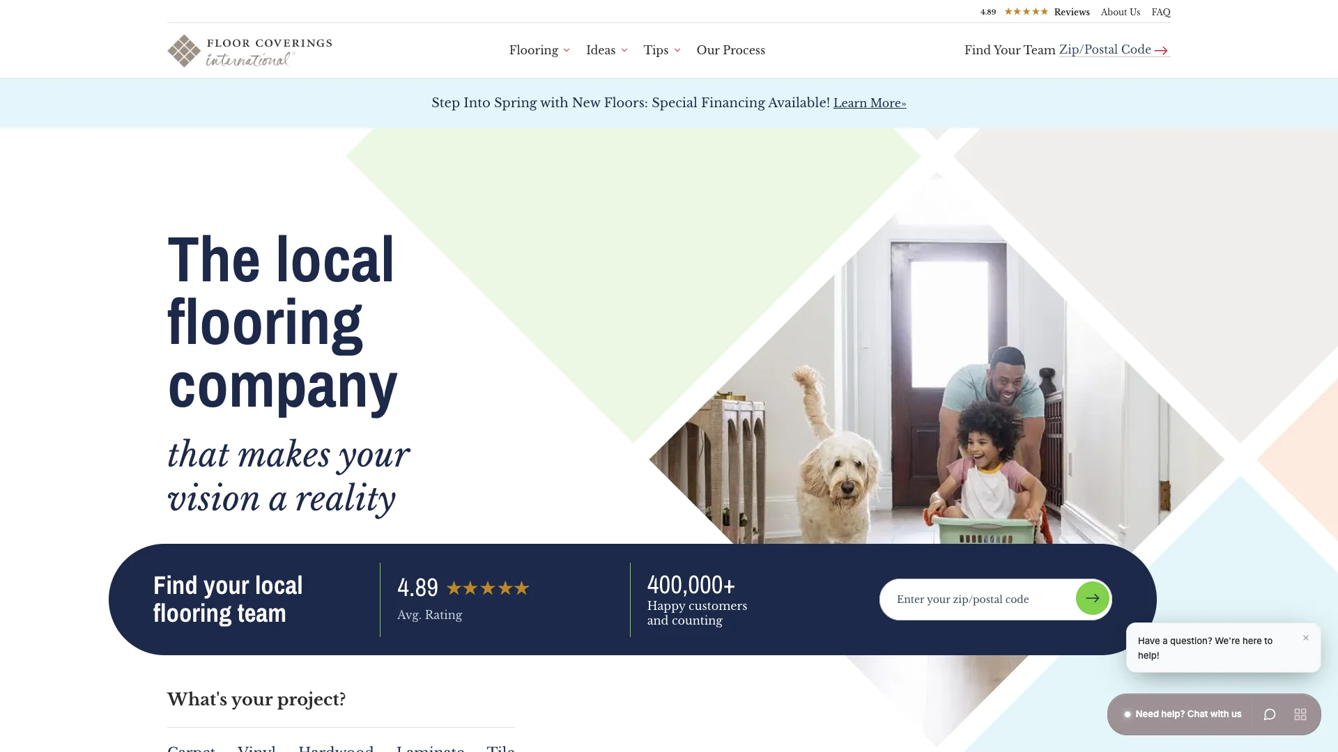 Floor Coverings International homepage hero showing flooring franchise branding