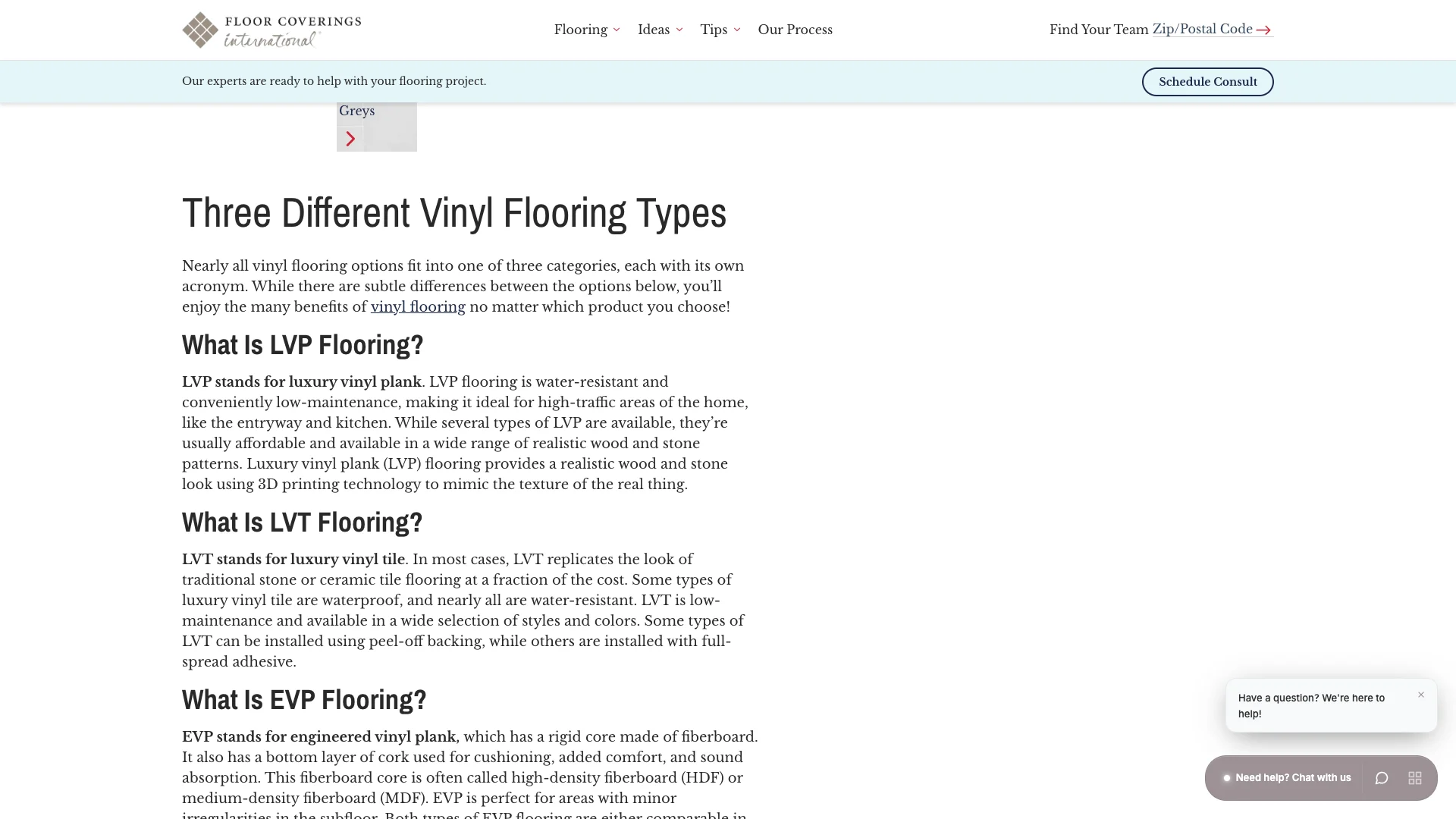 Floor Coverings International blog page showing the complete absence of trust signals including no Google Reviews no badges and no chat widget
