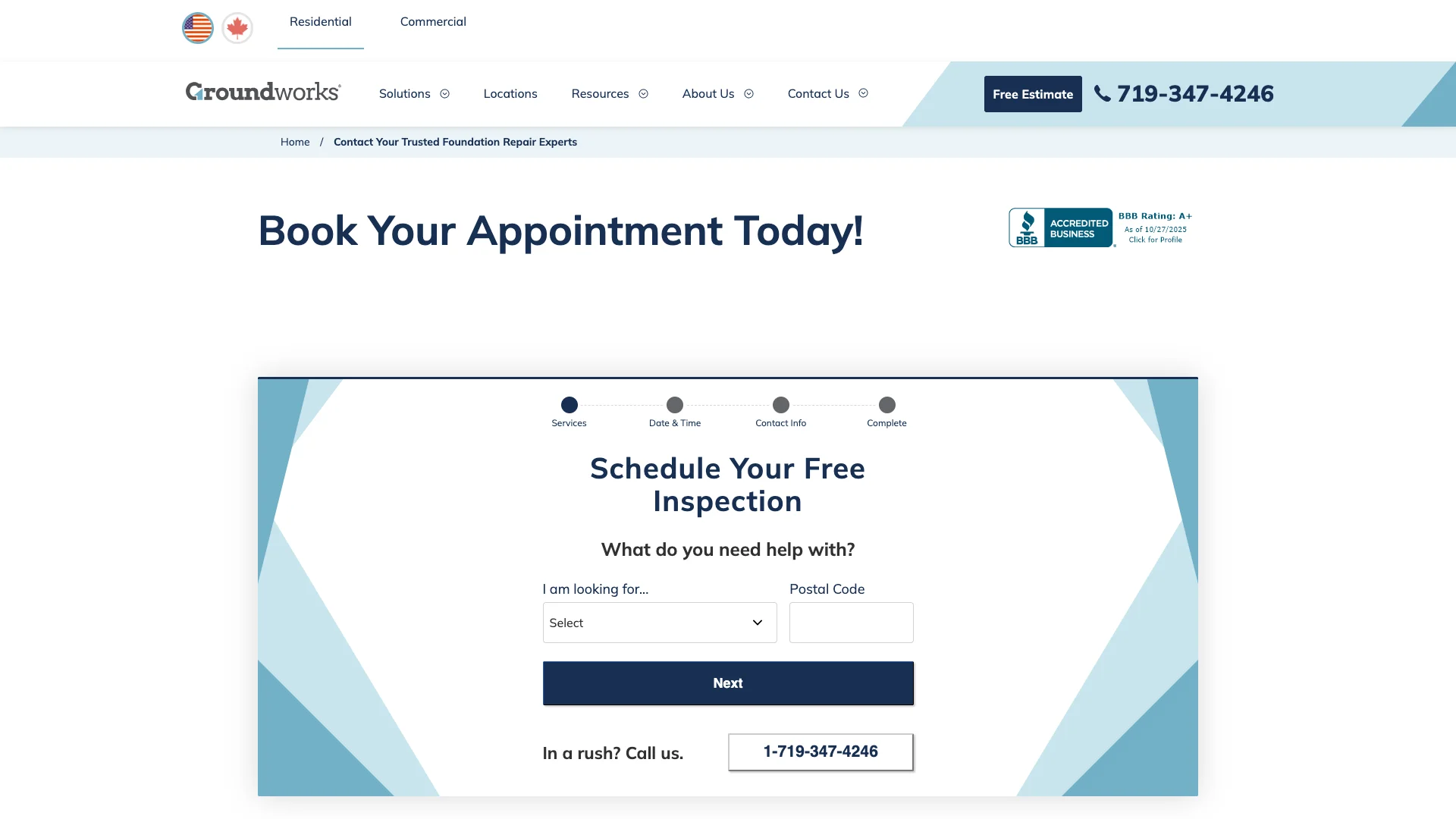 Groundworks multi-step booking form showing the postal code entry hero, followed by Services, Date and Time, Contact Info, and Complete steps