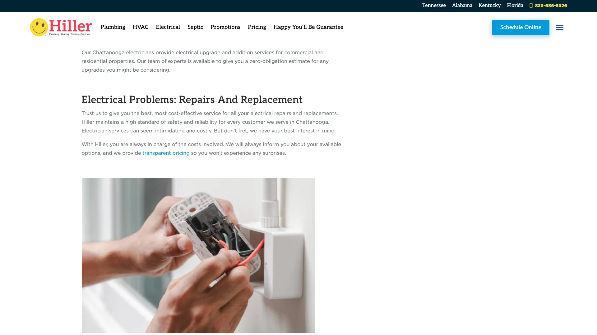 Happy Hiller Chattanooga electrician services page scrolled to the regional phone number list area showing the same multi-state phone number sprawl as the Nashville page with sixty-four different numbers spanning the southeastern markets