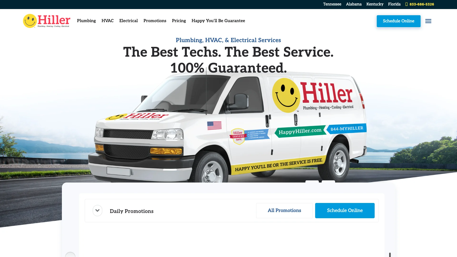 Happy Hiller homepage hero showing multi-trade HVAC plumbing and electrical service branding