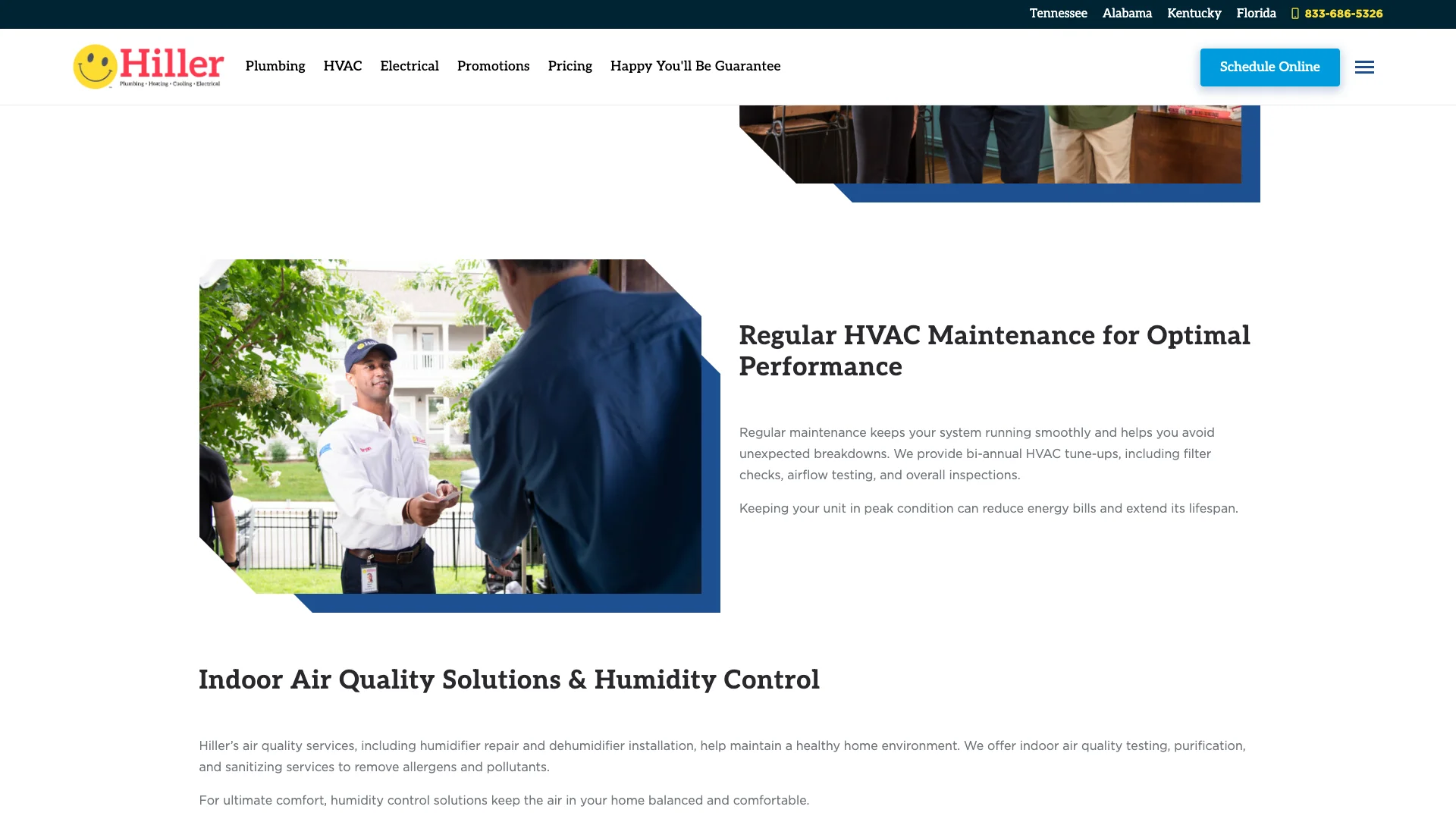 Happy Hiller Nashville HVAC services page showing the location-specific service content, the Google Reviews widget area, and the trust badges visible in the page layout, the only one of three pages tested that displays the review proof