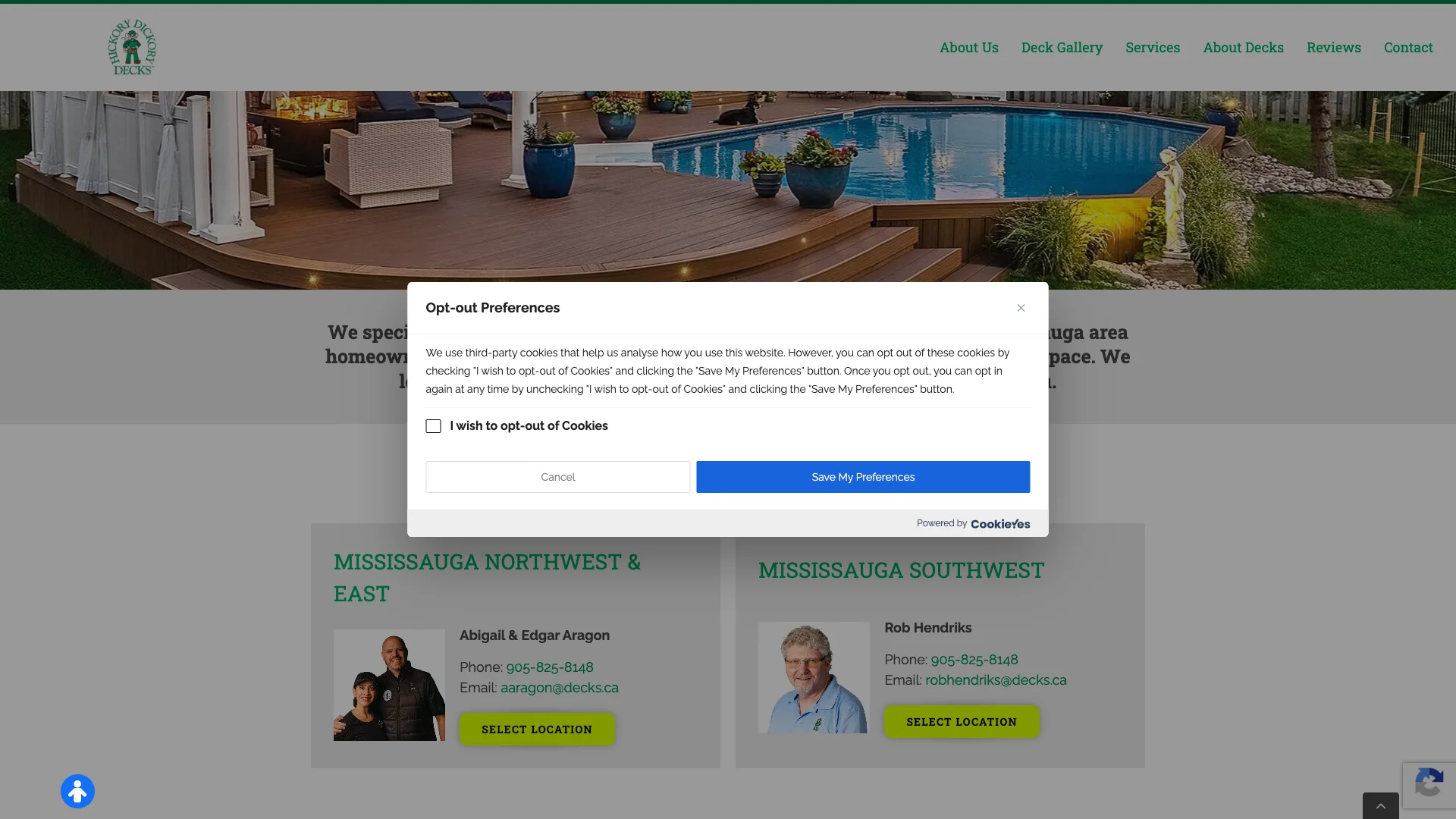 Hickory Dickory Decks Mississauga location page showing the franchise location content, the Google Reviews widget, and the deck building service information for the Mississauga Ontario market