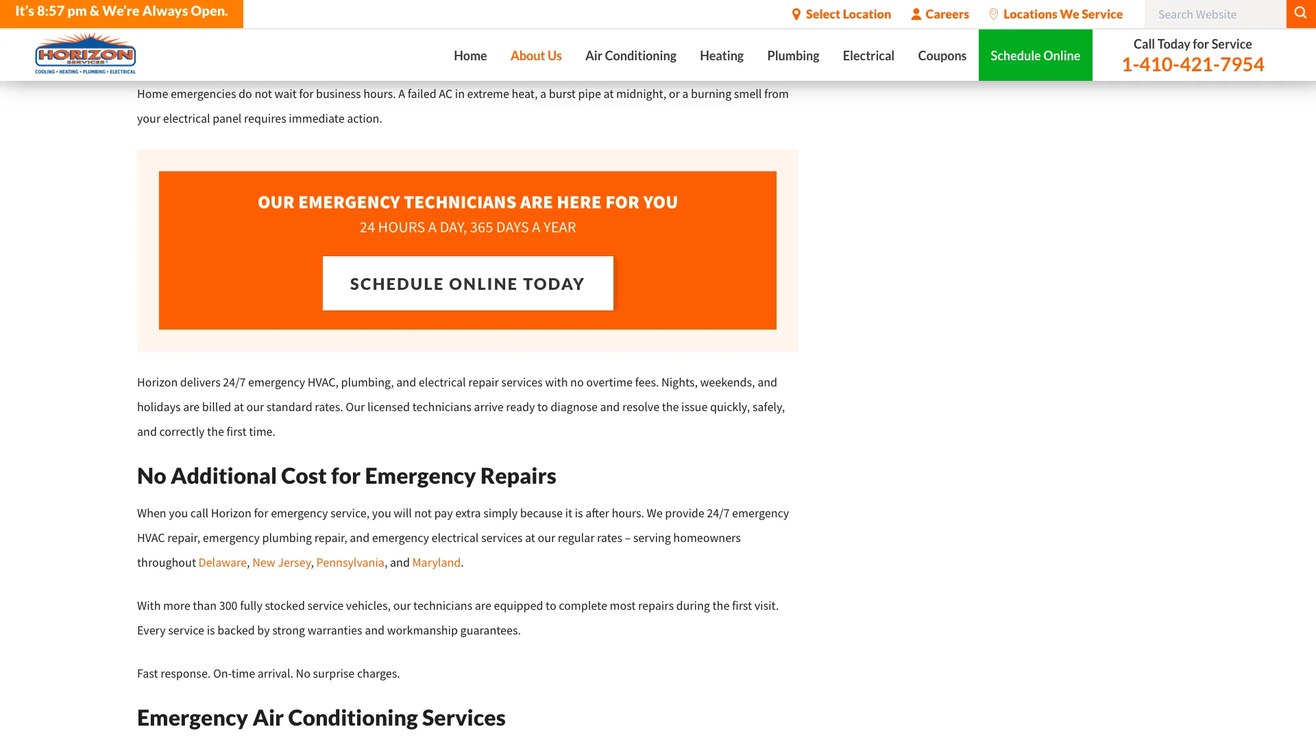 Horizon Services 24-7 emergency HVAC service page showing the no overtime fees messaging, the multi-trade emergency service positioning, and the comprehensive service description that earned the page its 5458 word count and a 