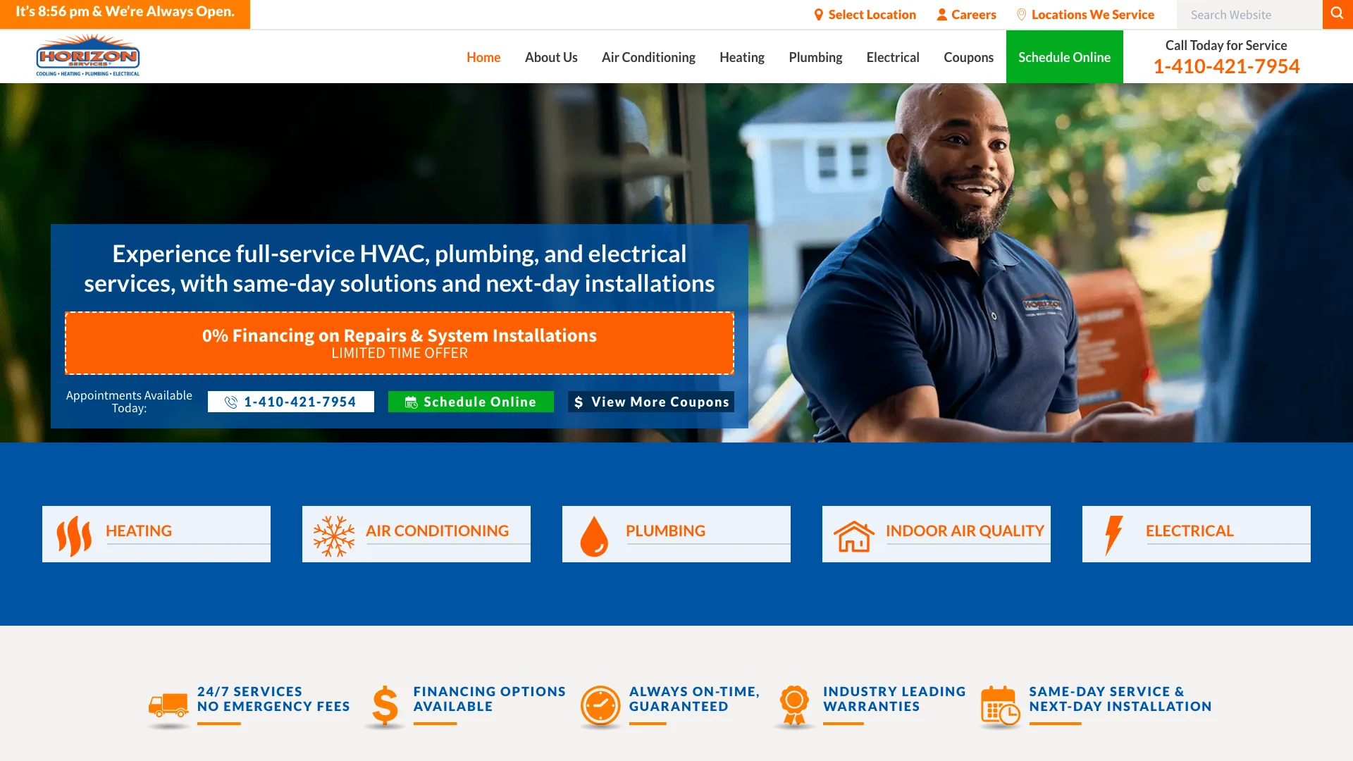 Horizon Services homepage hero showing mid-Atlantic HVAC plumbing and electrical service branding