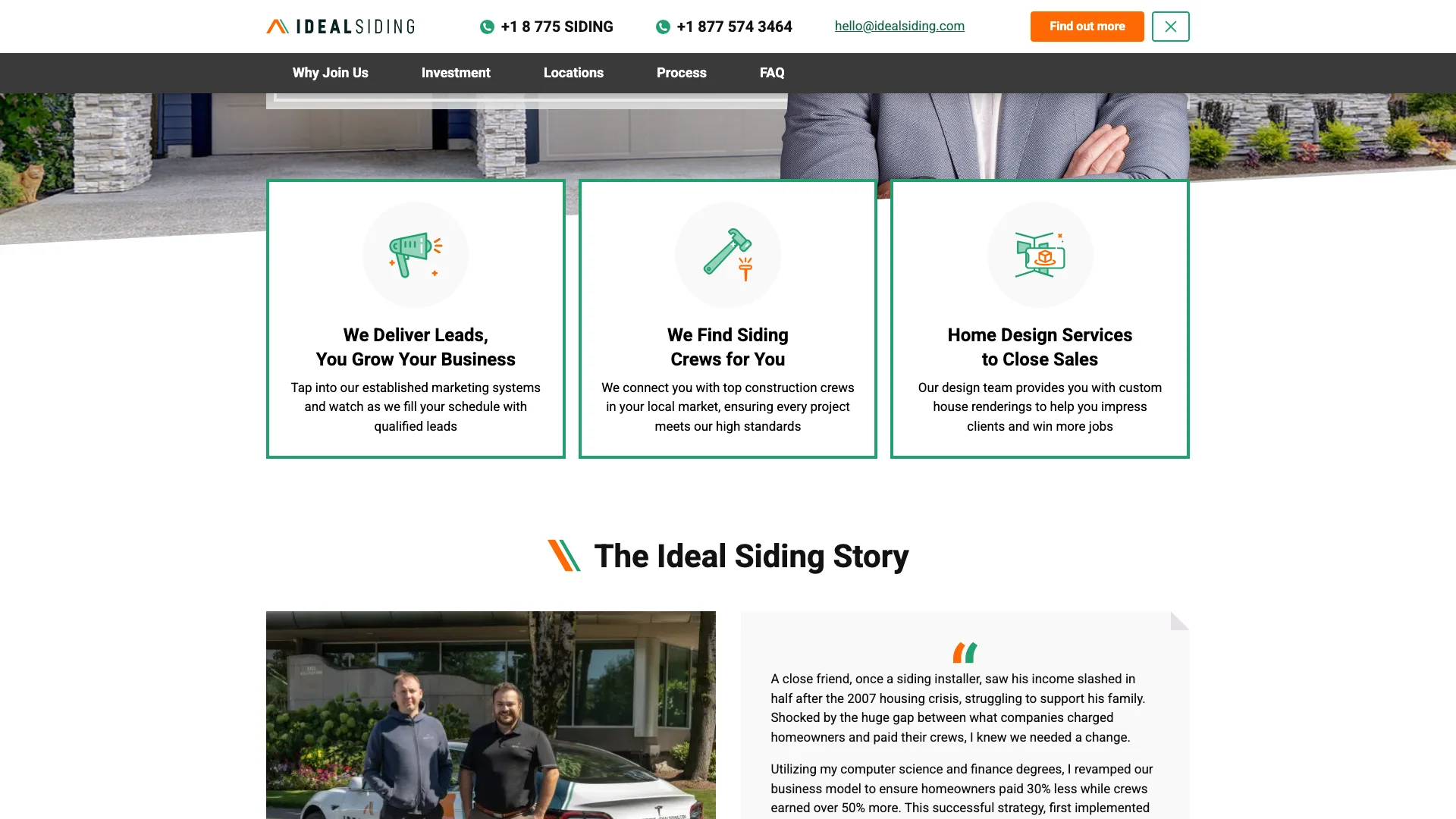 Ideal Siding Dallas location page showing the deep content section with siding installation details, service area information, and customer-facing project guidance