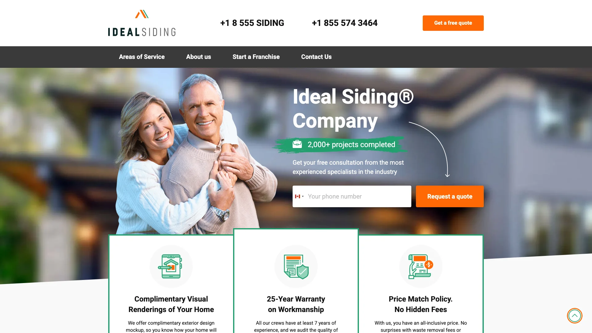 Ideal Siding homepage hero showing siding installation service branding