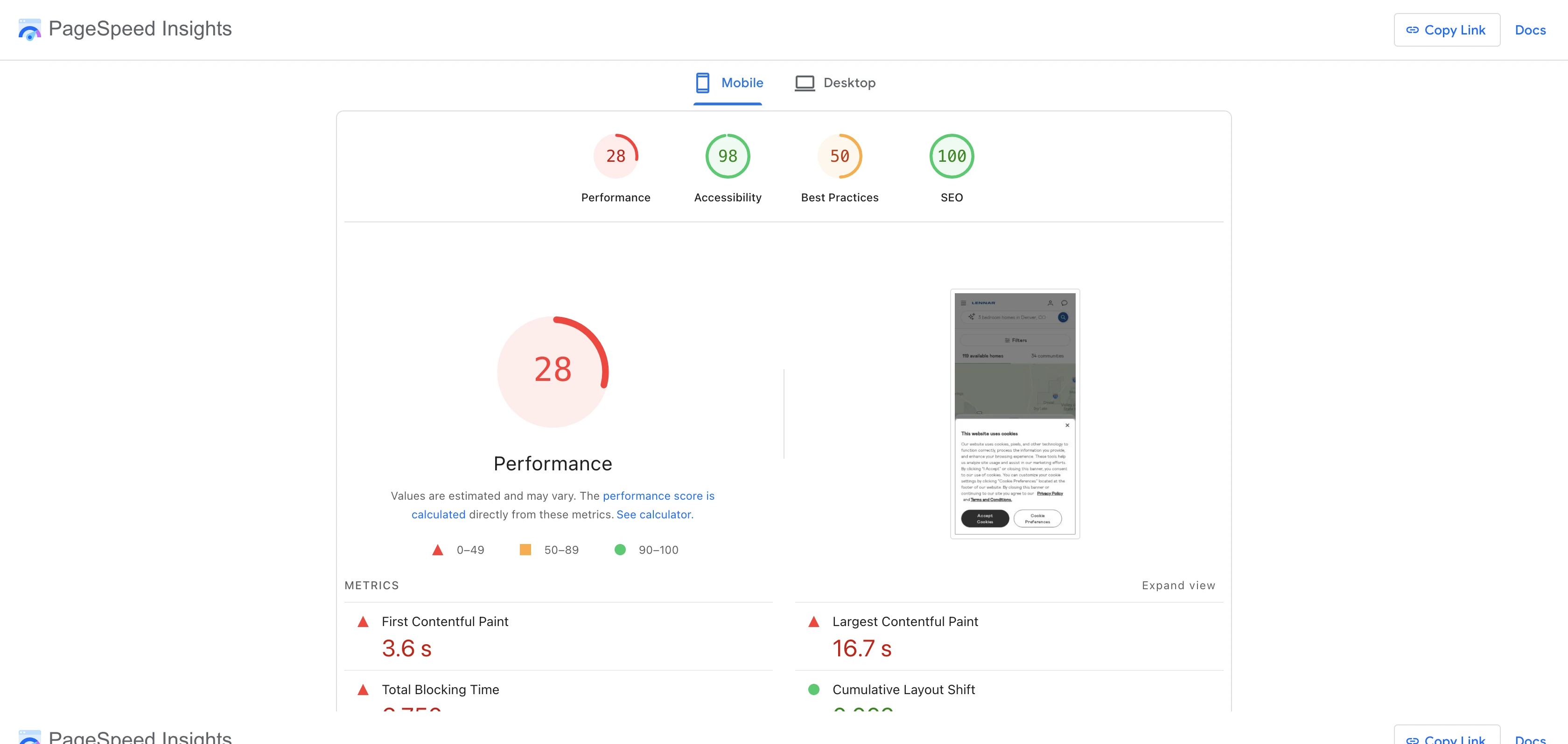 Google PageSpeed Insights Lighthouse lab results for lennar.com/new-homes/nevada/las-vegas showing a performance score of approximately 28 out of 100 on mobile, with LCP of 16.7 seconds and TBT of 6,750 milliseconds