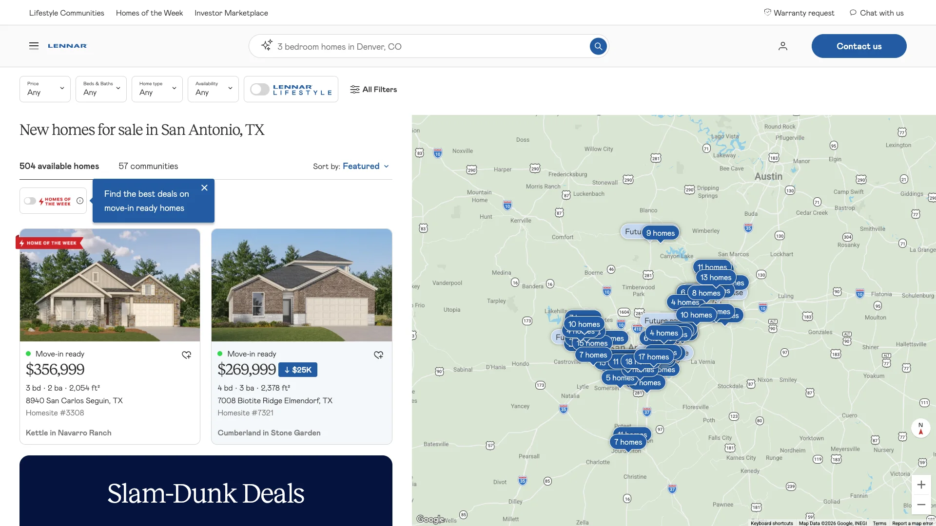 Lennar San Antonio page showing new home listings with a Google Reviews widget visible, the only trust signal found across all three pages audited, with 119 words of content and a single search field