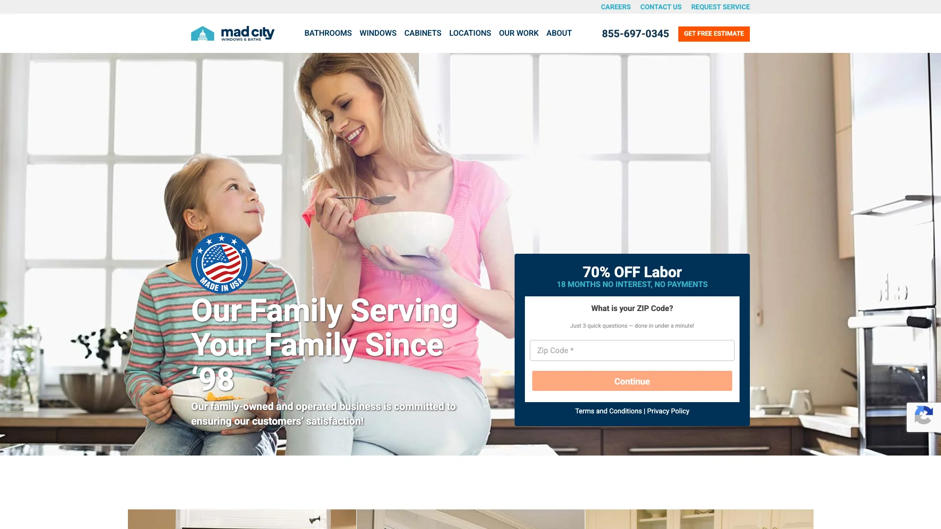 Mad City Windows and Baths homepage hero showing windows and bathroom remodeling service branding