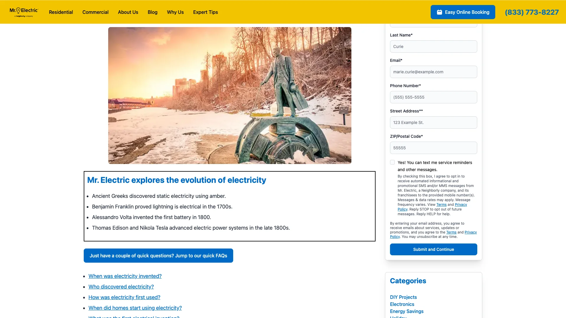 Mr. Electric history-of-electricity blog post showing the article content with timeline layout, internal links to related electrical content, and the navigation with brand CTAs